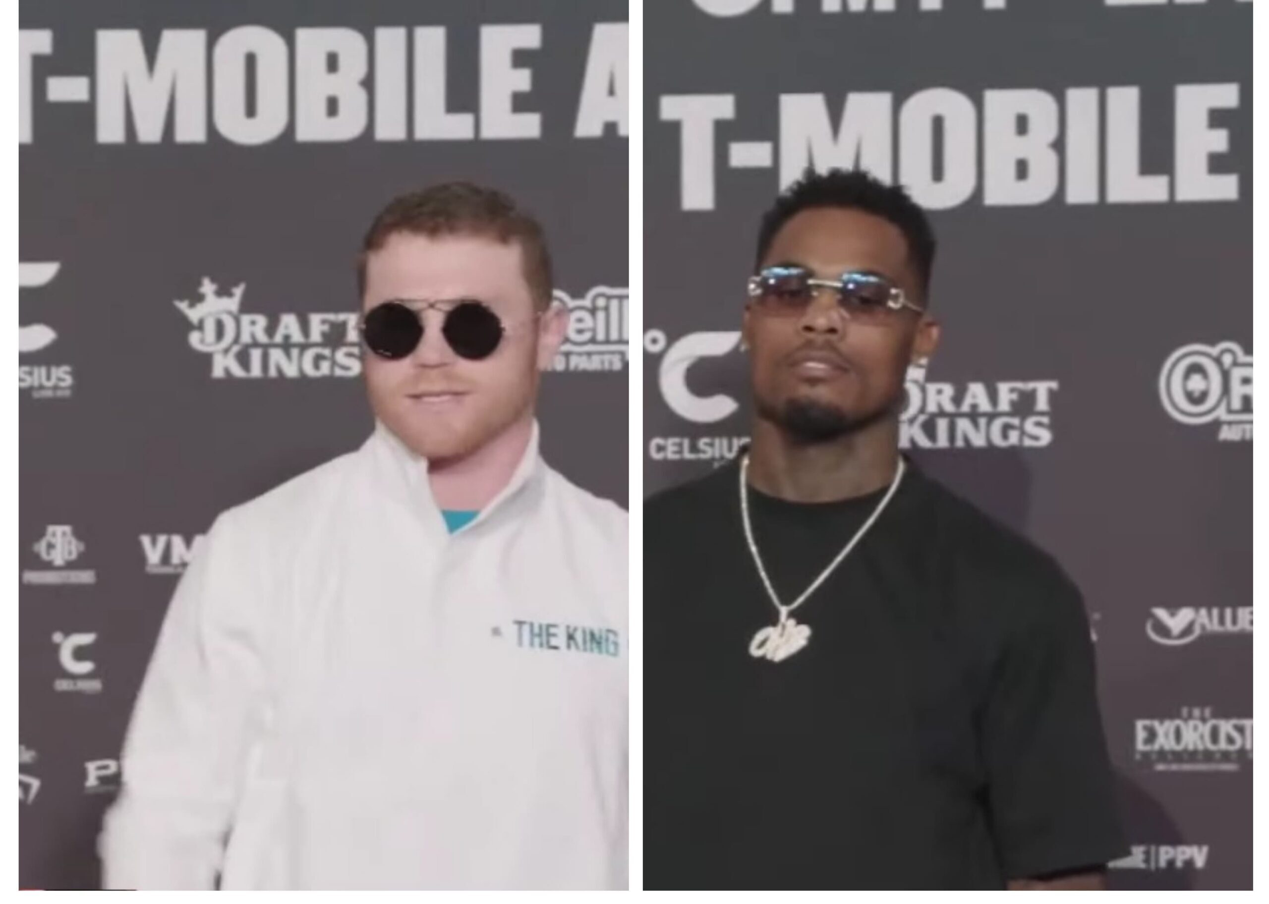 'CANELO' ÁLVAREZ Y JERMELL CHARLO POSAN PARA LA FOTO TRAS SU LLEGADA AL T-MOBILE ARENA