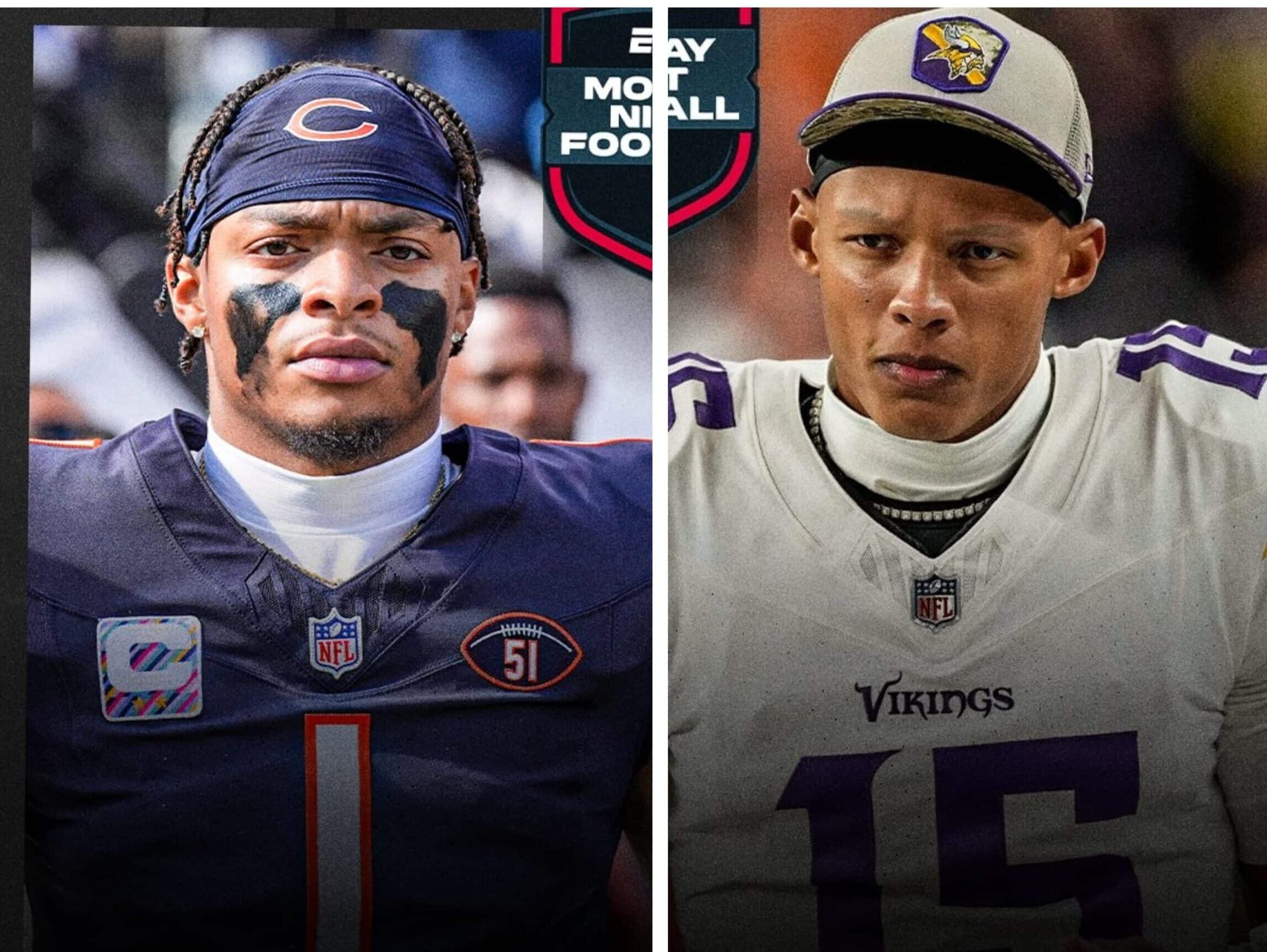 JUSTIN FIELDS DE LOS BEARS A LA IZQUIERDA Y JOSHUA DOBBS DE LOS VIKINGS A LA DERECHA