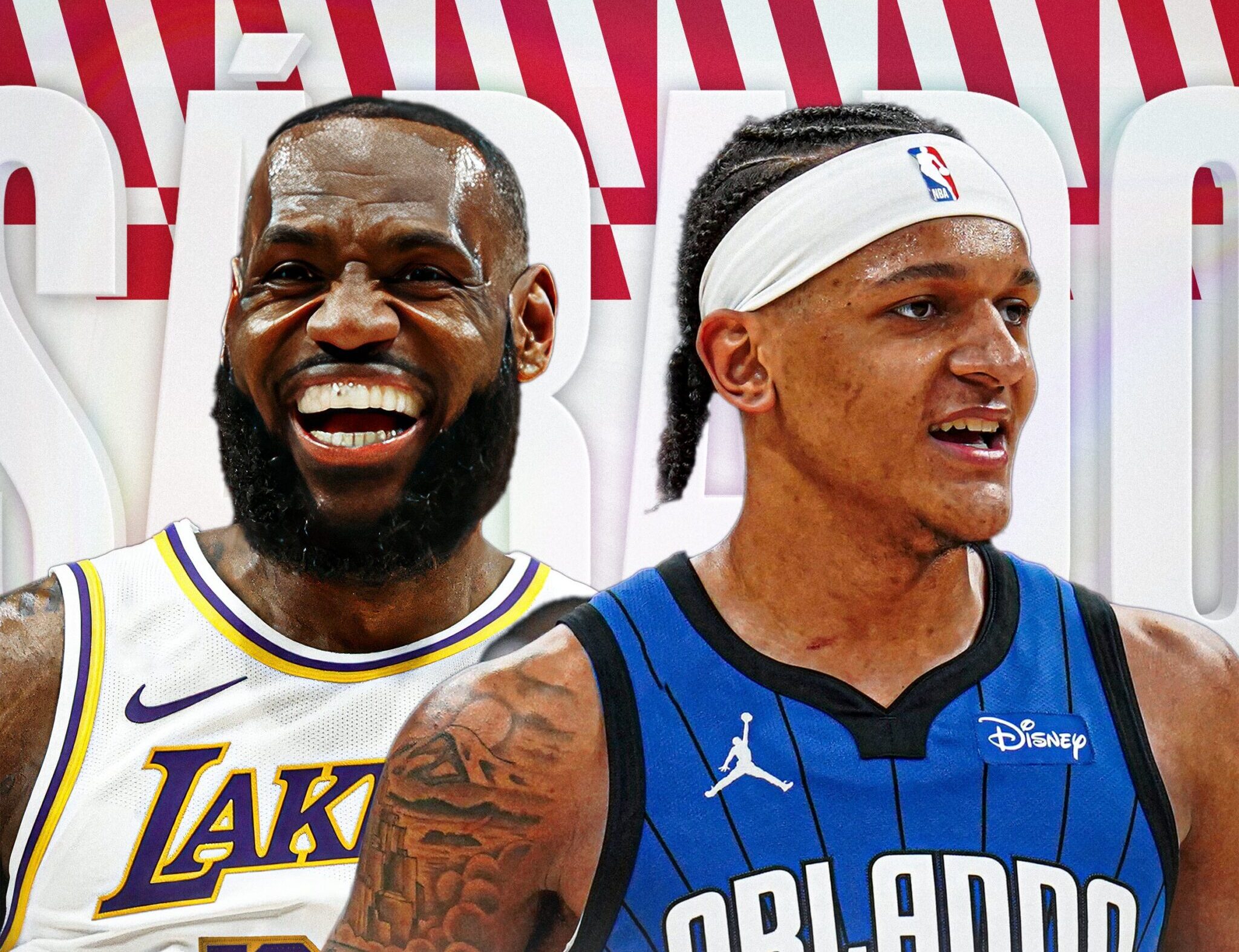 LEBRON JAMES A LA IZQUIERDA DE LAKERS, Y PAOLO BANCHER DEL MAGIC A LA DERECHA