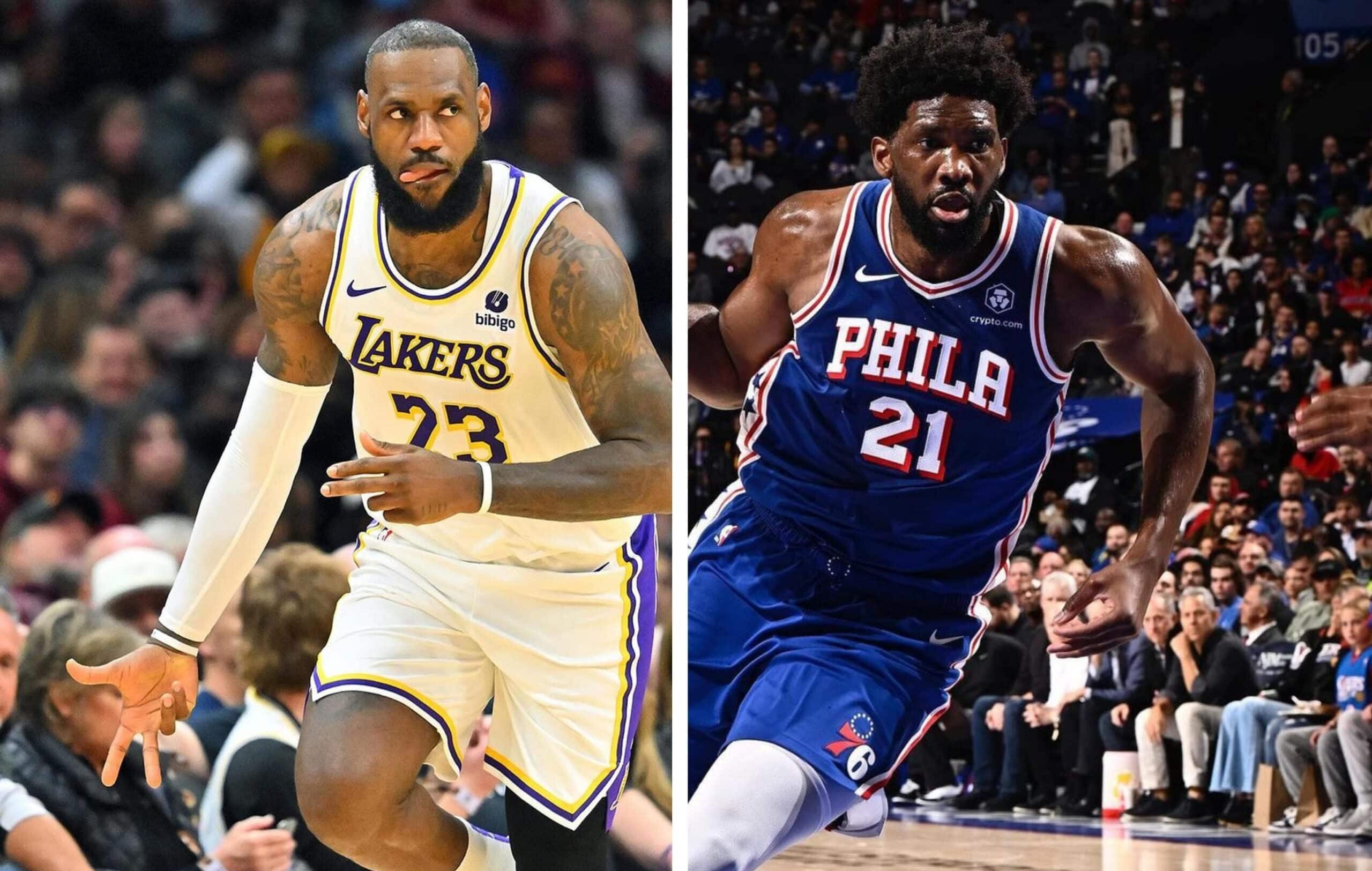 LEBRON JAMES DE LAKERS A LA IZQUIERDA Y JOEL EMBIID DE SIXERS A LA DERECHA