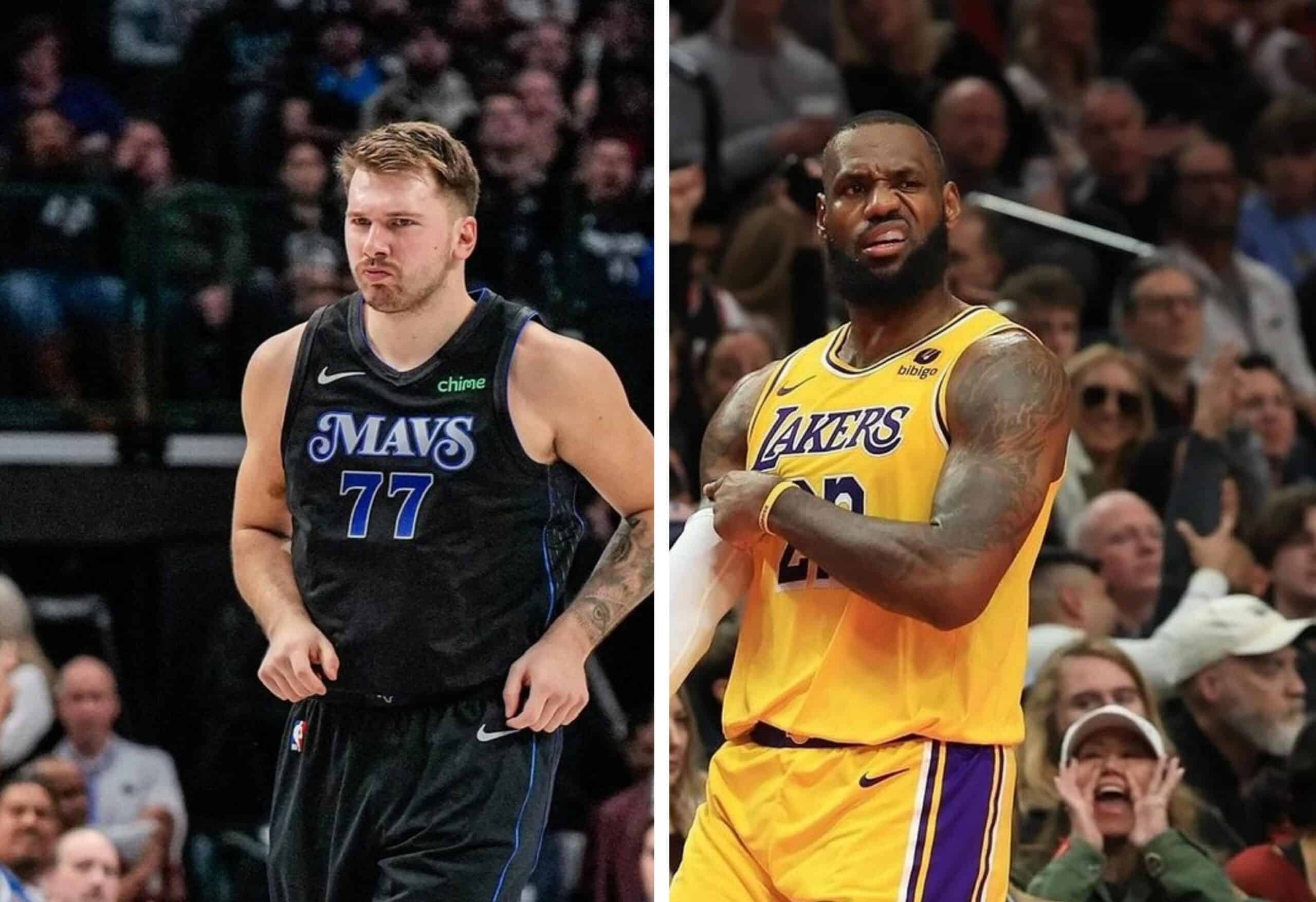 LUKA DONCIC DE LOS MAVERICKS A LA IZQUIERDA Y LEBRON JAMES DE LAKERS A LA DERECHA