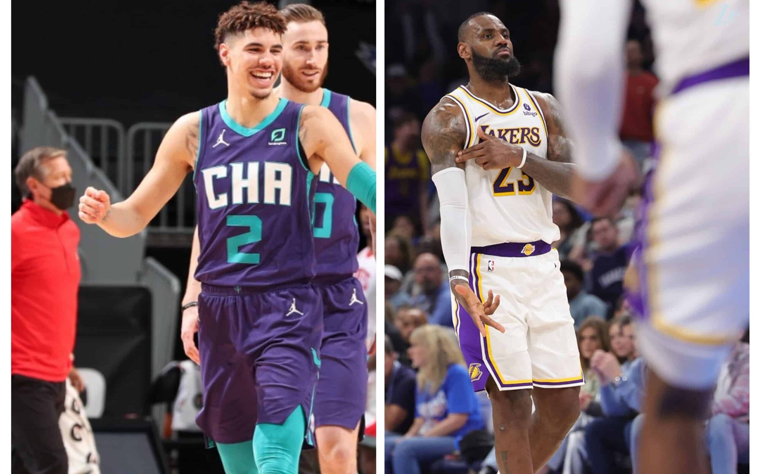 LAMELO BALL DE HORNETS A LA IZQUIERDA Y LEBRON JAMES DE LAKERS A LA DERECHA