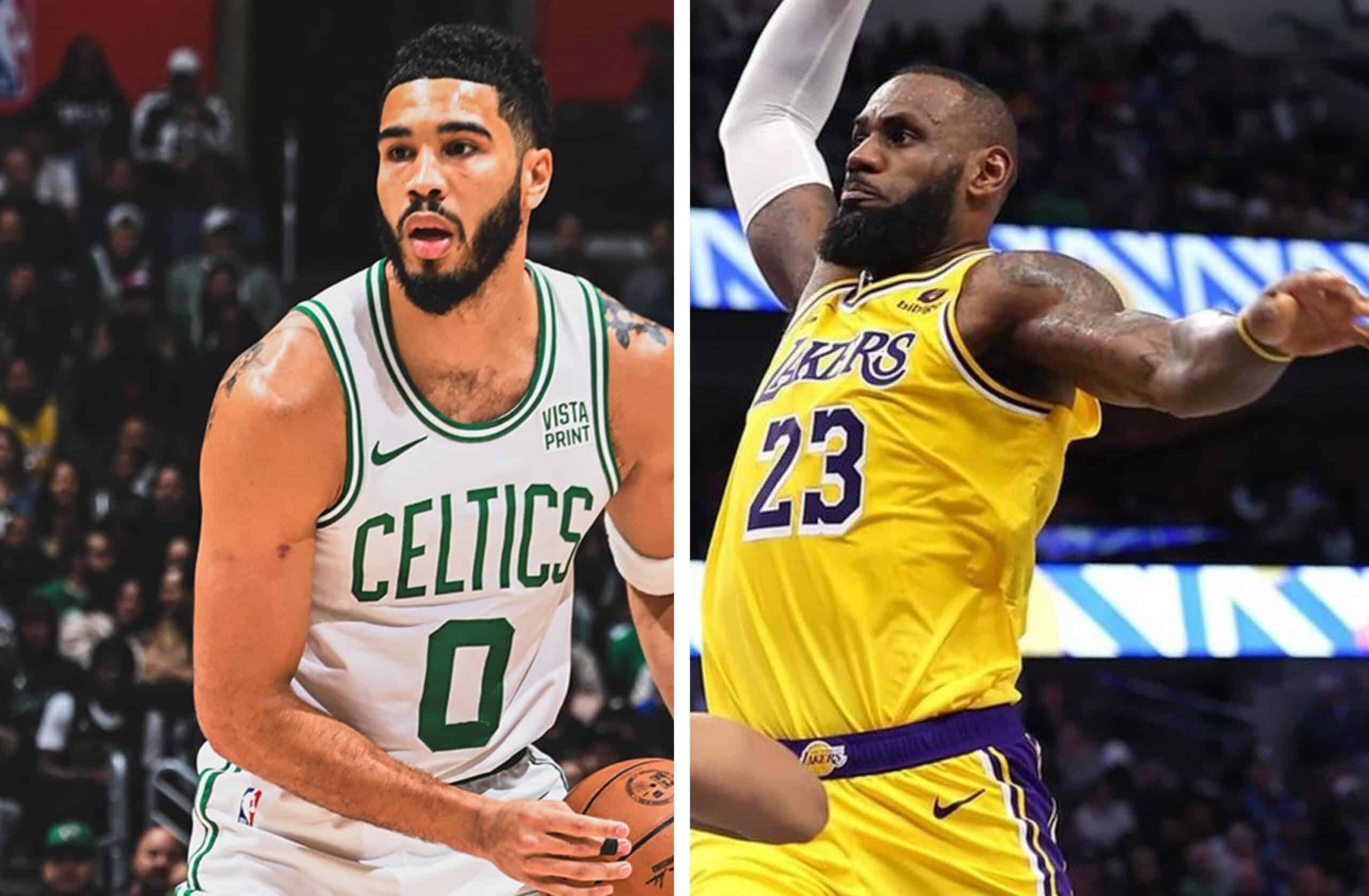 JAYSON TATUM DE CELTICS A LA IZQUIERDA Y LEBRON JAMES DE LAKERS A LA DERECHA