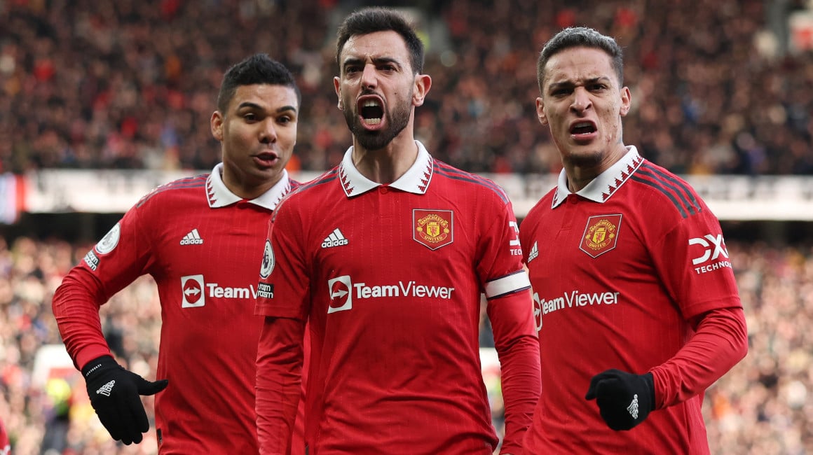 Jugadores del Man United festejan un gol en al jornada pasada de la Premier League.
