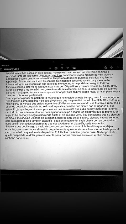 Carta de despdedida de Dinenno en Instagram.