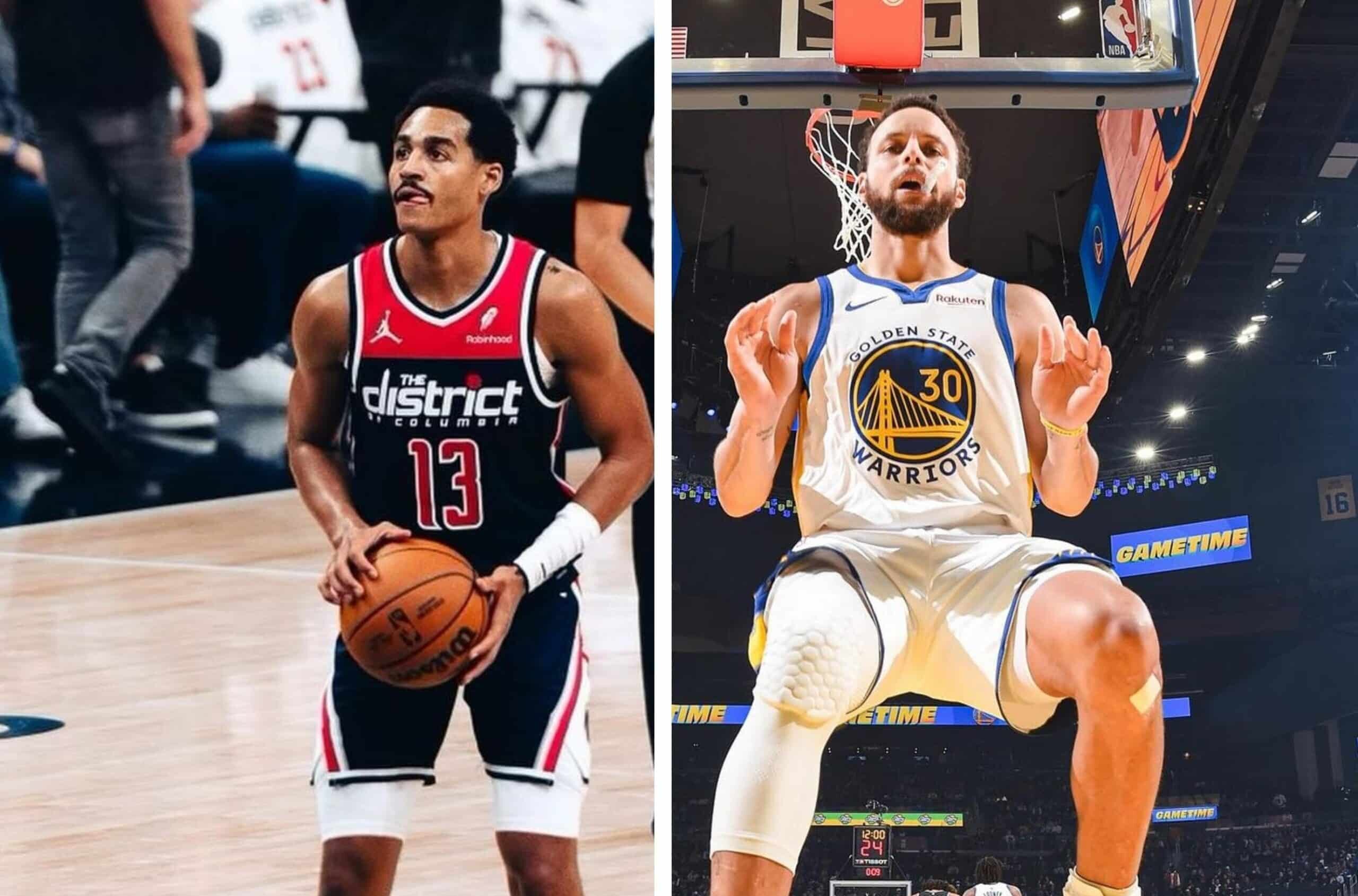 JORDAN POOLE DE LOS WIZARDS A LA IZQUIERDA, Y STEPHEN CURRY DE LOS WARRIORS A LA DERECHA