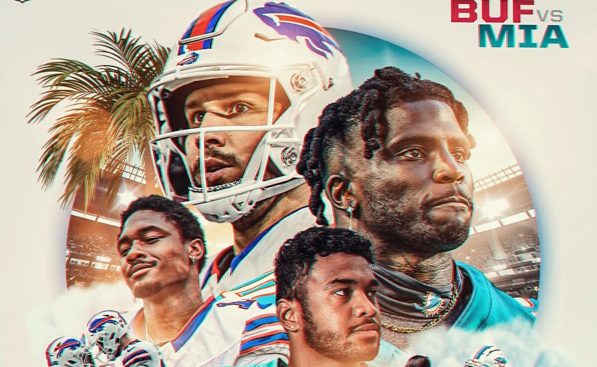 PÓSTER DE LA NFL DEL JUEGO ENTRE BILLS Y DOLPHINS DE LA TARDE DEL DOMINGO