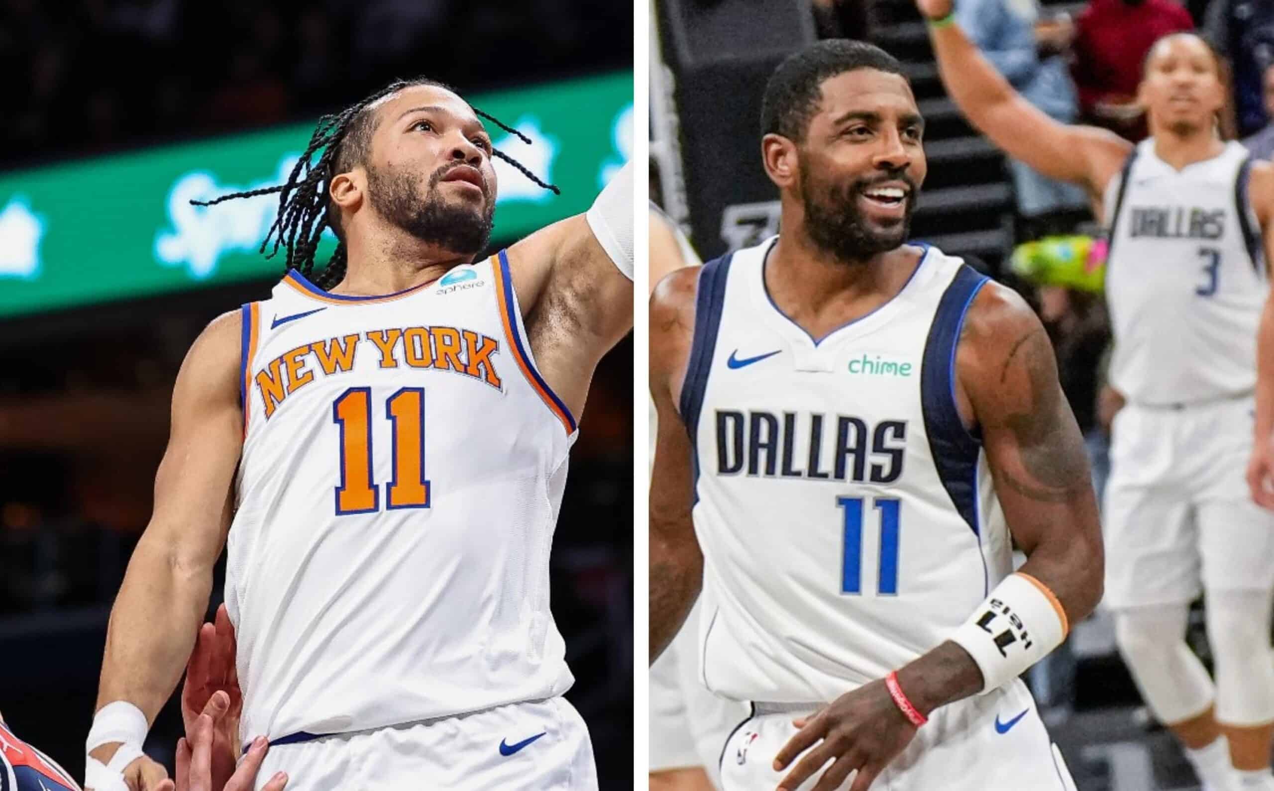 JALEN BRUNSON DE KNICKS A LA IZQUIERDA Y KYRIE IRVING DE MAVERICKS A LA DERECHA