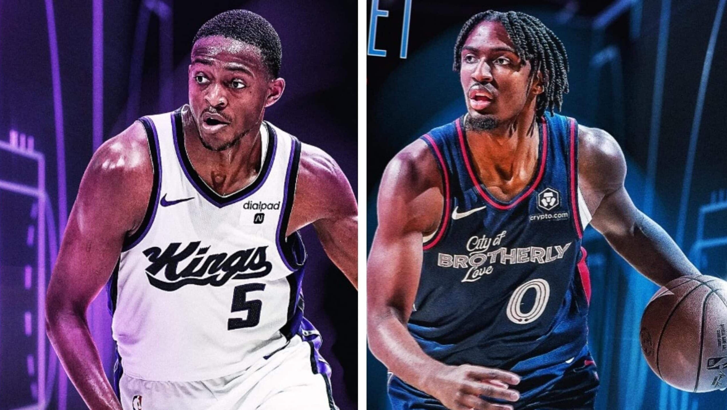 DE'AARON FOX DE LOS KINGS A LA IZQUIERDA Y TYRESE MAXEY DE LOS SIXERS A LA DERECHA