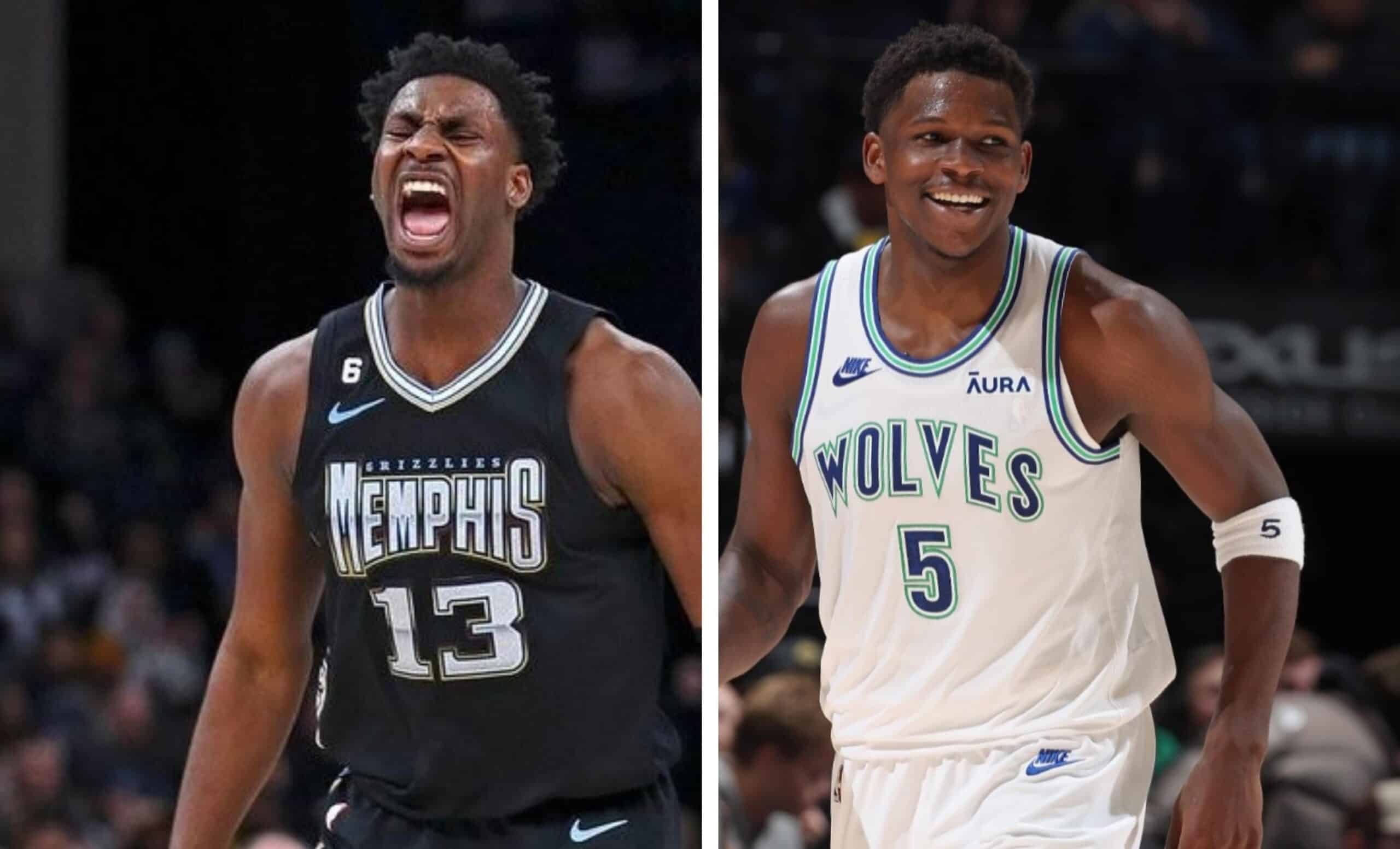 JAREN JACKSON JR DE GRIZZLIES A LA IZQUIERDA, Y ANTHONY EDWARDS DE LOS TIMBERWOLVES A LA DERECHA