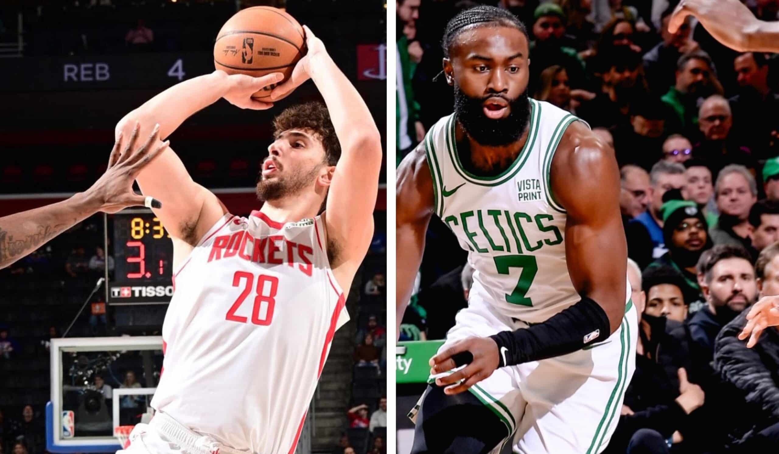 ALPEREN SENGUN DE ROCKETS A LA IZQUIERDA Y JAYLEN BROWN DE CELTICS A LA DERECHA