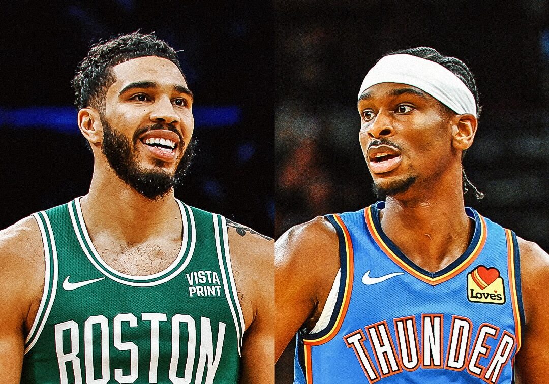 JAYSON TATUM DE CELTICS A LA IZQUIERDA Y SHAI GILGEOUS-ALEXANDER DEL THUNDER A LA DERECHA