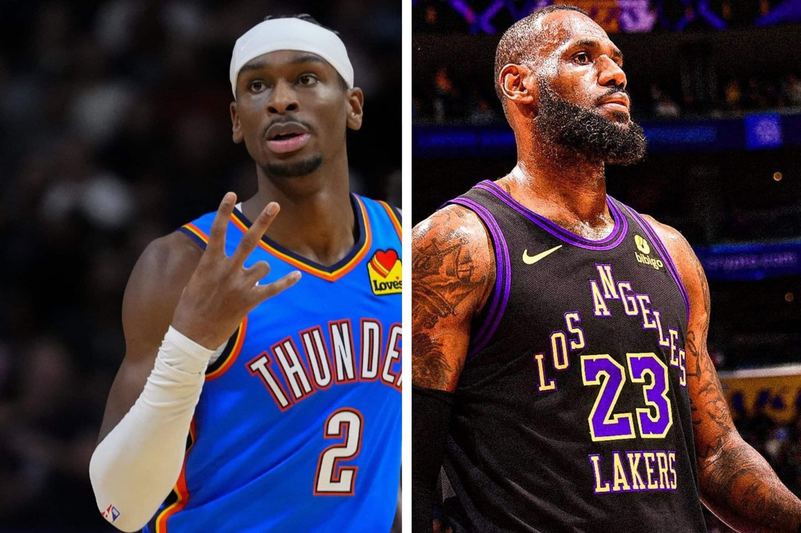 SHAI GILGEOUS-ALEXANDER DEL THUNDER A LA IZQUIERDA, Y LEBRON JAMES DE LAKERS A LA DERECHA