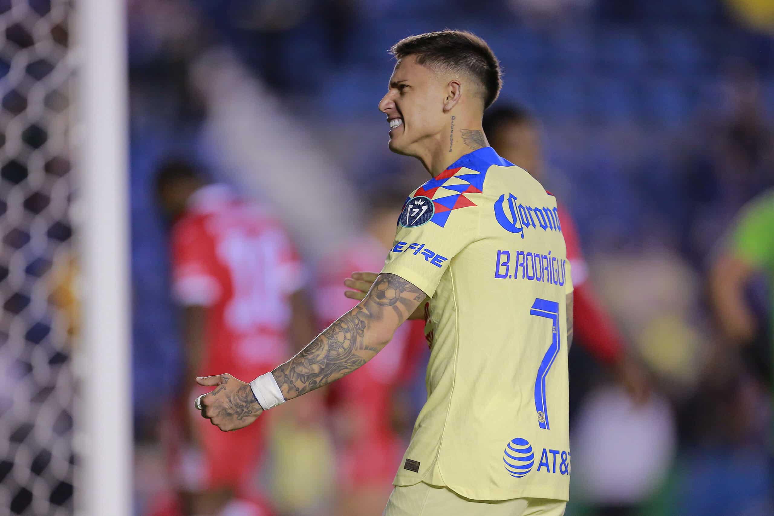 Brian Rodríguez del América en festeja el primer gol de su equipo durante el juego de vuelta de la primera ronda de la Copa de Campeones CONCACAF 2024.