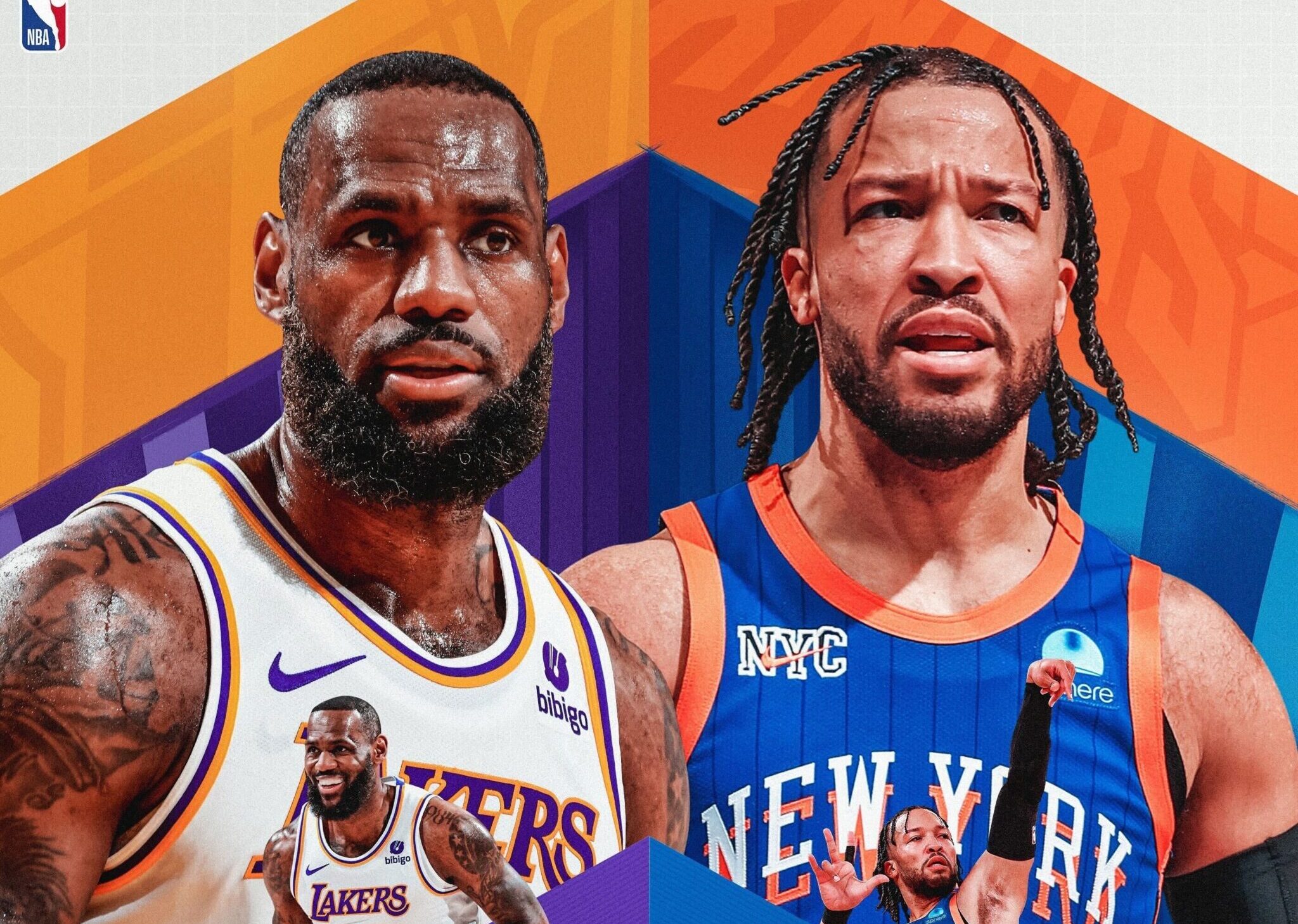 PÓSTER DE LA NBA DEL JUEGO LAKERS VS KNICKS, CON LEBRON JAMES A LA IZQUIERDA Y JALEN BRUNSON A LA DERECHA