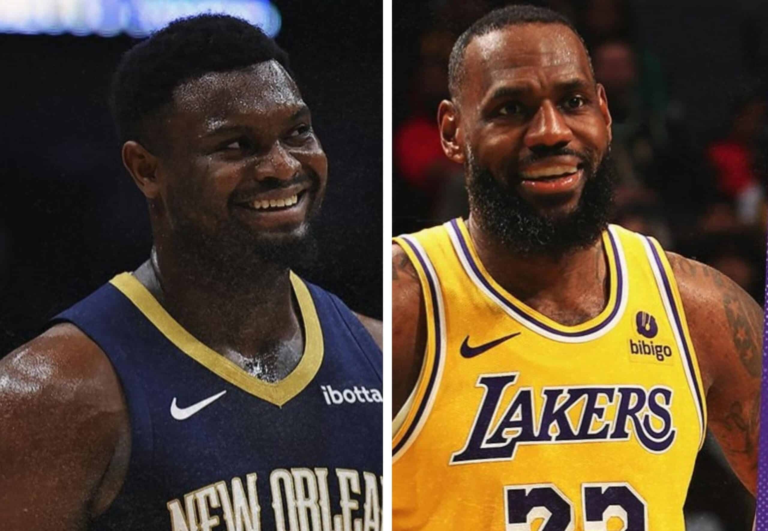 ZION WILLIAMSON DE LOS PELICANS A LA IZQUIERDA Y LEBRON JAMES DE LAKERS A LA DERECHA