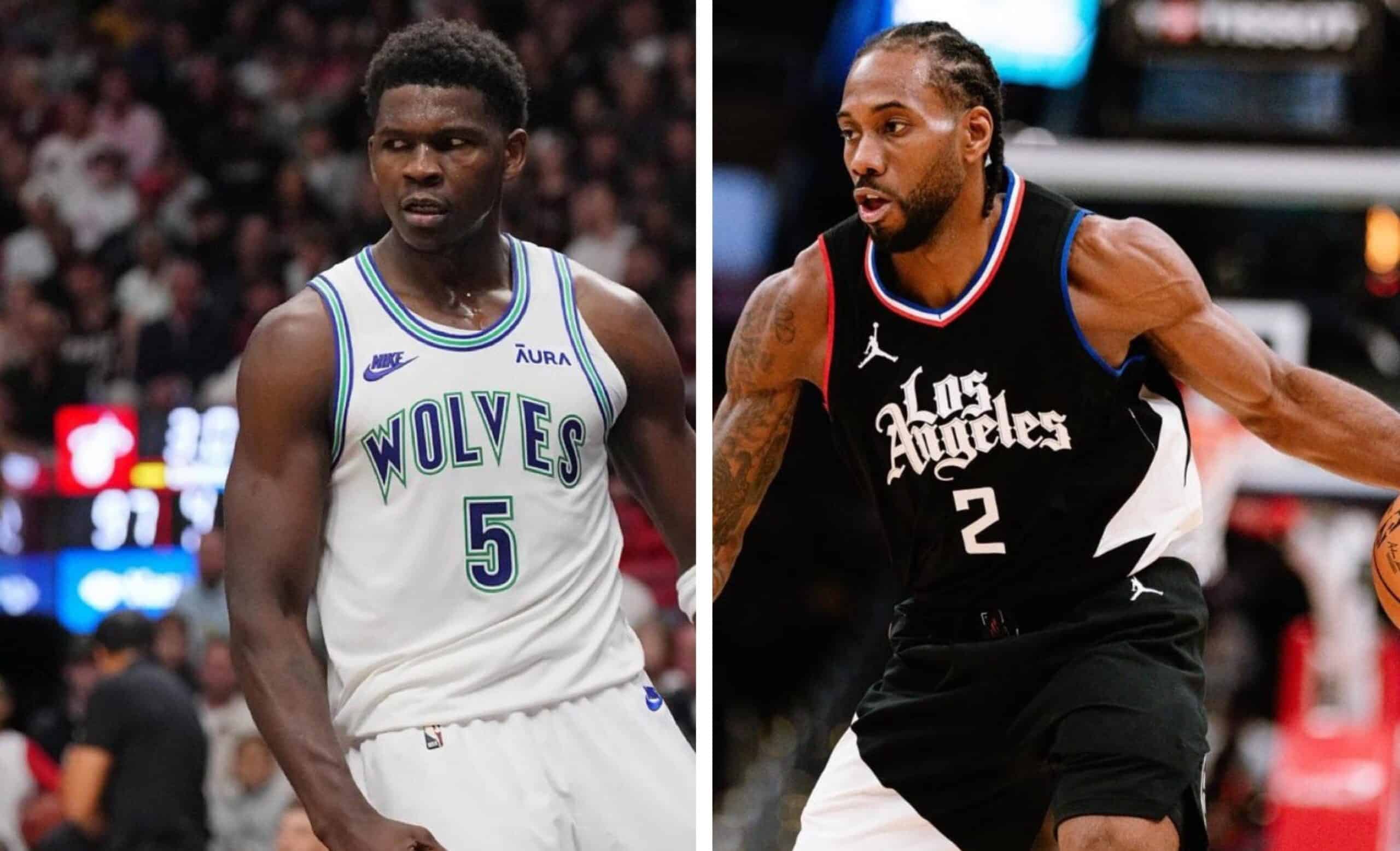 ANTHONY EDWARDS DE LOS TIMBERWOLVES A LA IZQUIERDA, Y KAWHI LEONARD DE LOS CLIPPERS A LA DERECHA