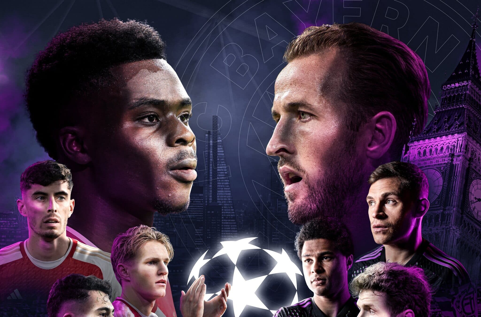 PÓSTER DEL JUEGO ENTRE EL ARSENAL Y EL BAYERN MÚNICH DE CUARTOS DE FINAL DE CHAMPIONS LEAGUE