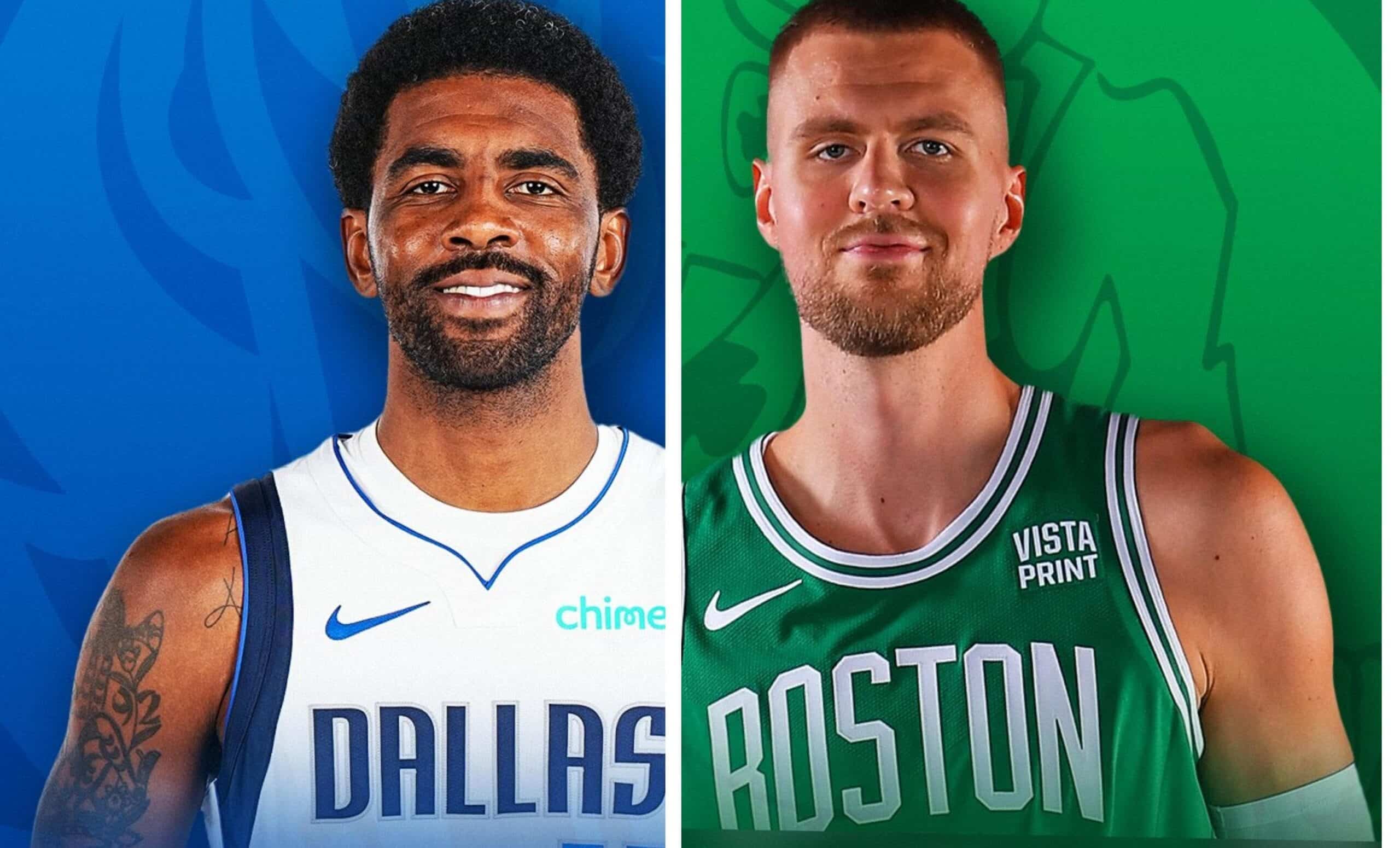 KYRIE IRVING DE LOS MAVERICKS A LA DERECHA, Y KRISTAPS PORZINGIS DE LOS CELTICS A LA DERECHA