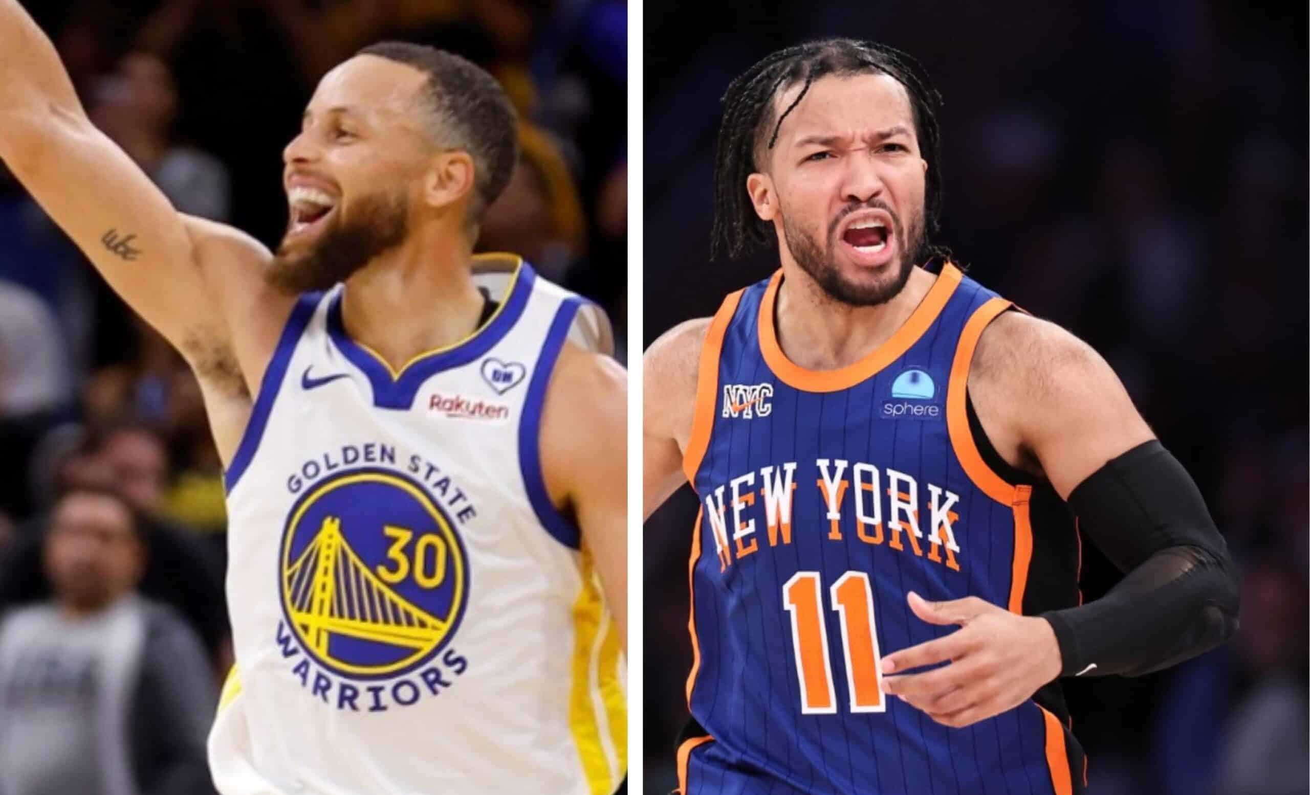 STEPHEN CURRY DE WARRIORS A LA IZQUIERDA Y JALEN BRUNSON DE KNICKS A LA DERECHA