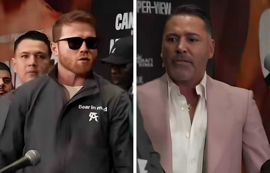 CANELO ÁLVAREZ A LA IZQUIERDA Y ÓSCAR DE LA HOYA A LA DERECHA