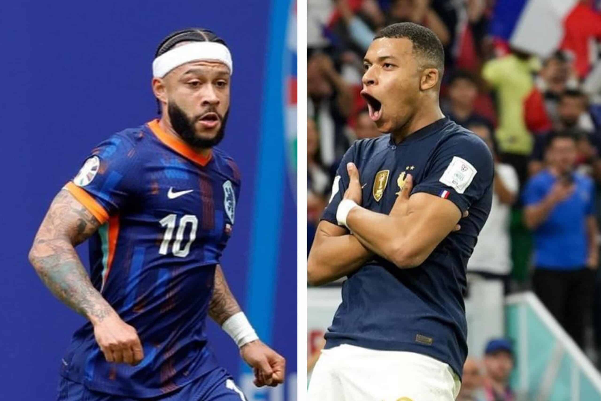 MEMPHIS DEPAY DE PAÍSES BAJOS A LA IZQUIERDA, Y KYLIAN MBAPPÉ A LA DERECHA DE FRANCIA