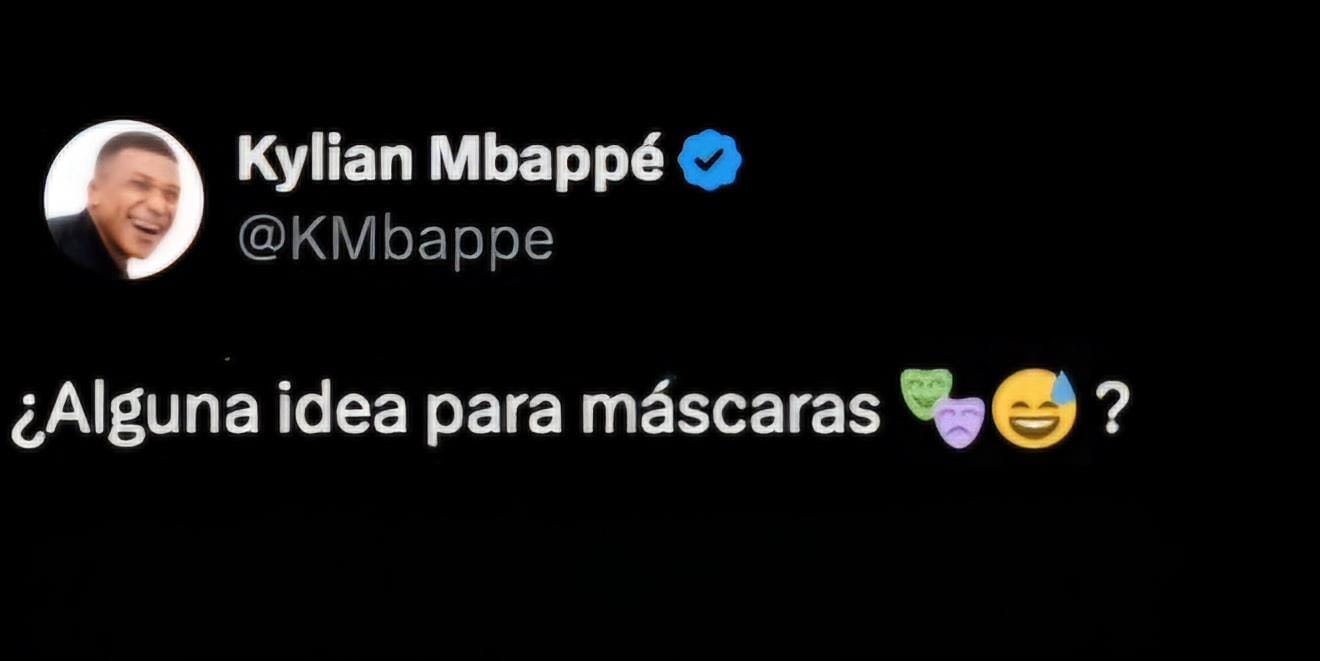 MENSAJE DE KYLIAN MBAPPÉ EN REDES SOCIALES DONDE PREGUNTA SOBRE ESTILOS DE MÁSCARAS