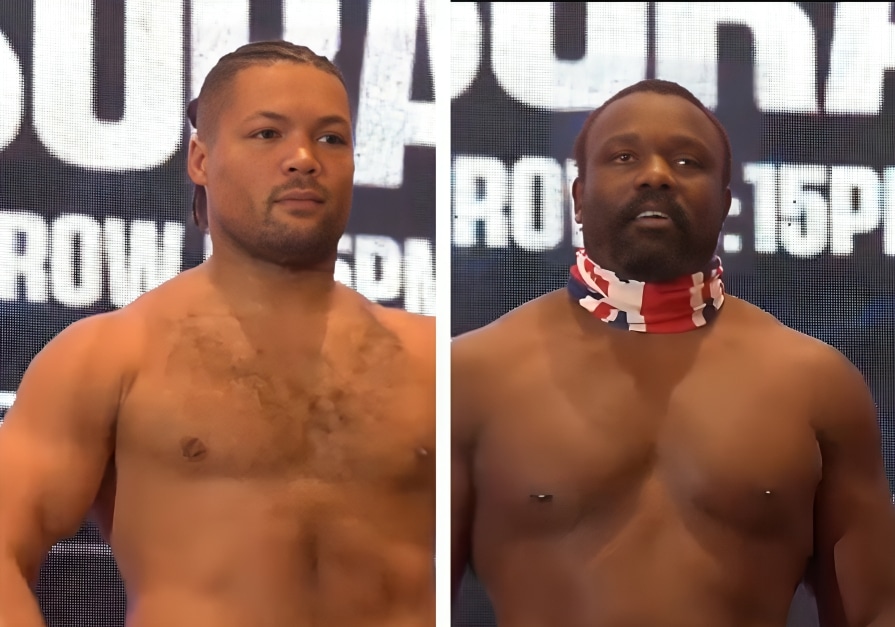 JOE JOYCE A LA IZQUIERDA Y DEREK CHISORA A LA DERECHA, POSAN PARA LA FOTO TRAS EL PESAJE