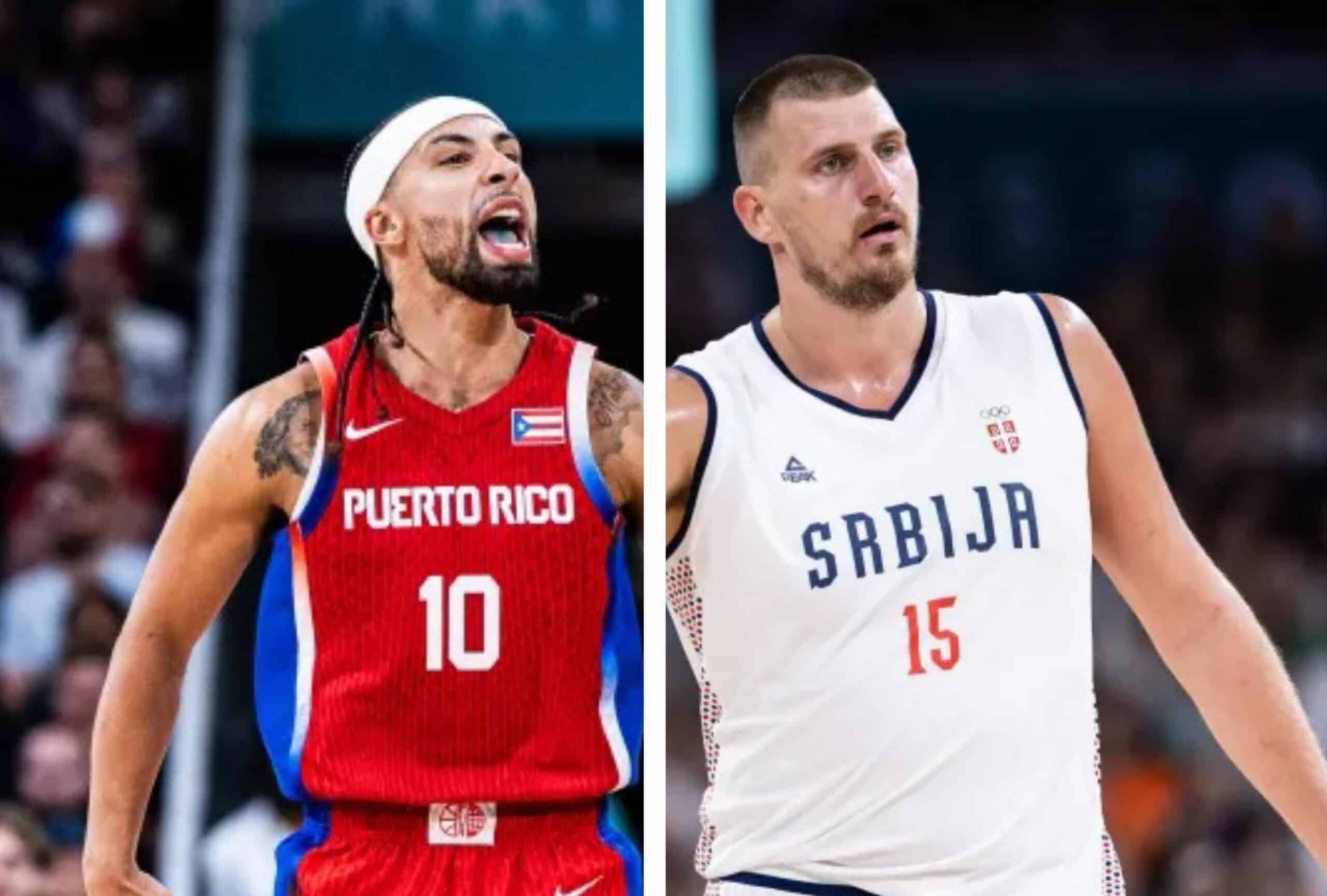 JOSÉ ALVARADO A LA IZQUIERDA DE PUERTO RICO Y NIKOLA JOKIC DE SERBIA A LA DERECHA