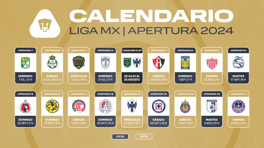 Calendario de Pumas para este torneo Apertura 2024.