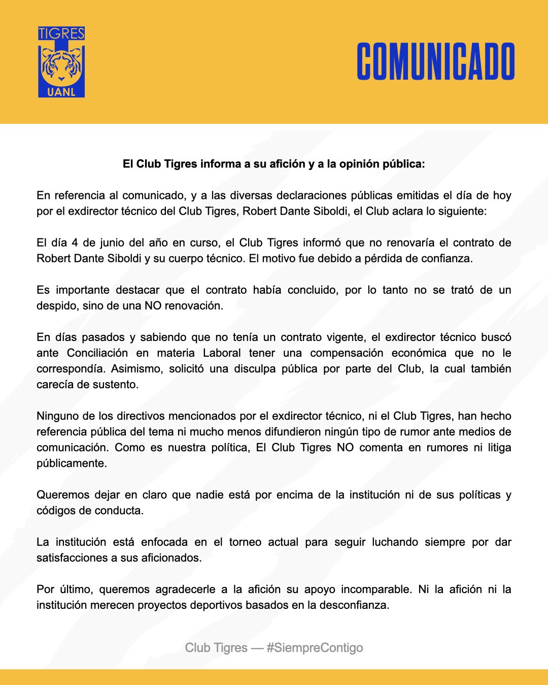 Comunicado de Tigres sobre el caso de Siboldi.