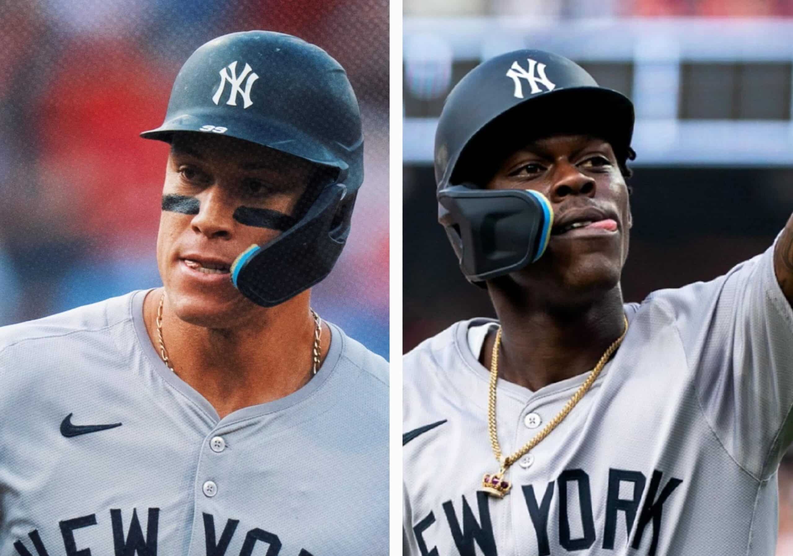 AARON JUDGE A LA IZQUIERDA Y JAZZ CHISHOLM JR A LA DERECHA, FESTEJAN TRAS PEGAR JONRÓN CON LOS YANKEES ANTE PHILLIES