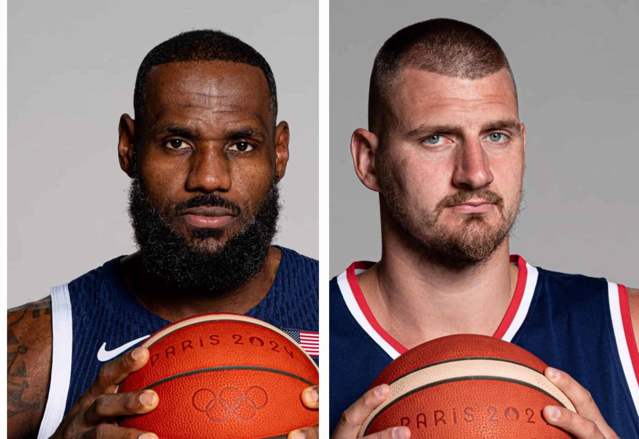 LEBRON JAMES A LA IZQUIERDA DE ESTADOS UNIDOS Y NIKOLA JOKIC DE SERBIA A LA DERECHA