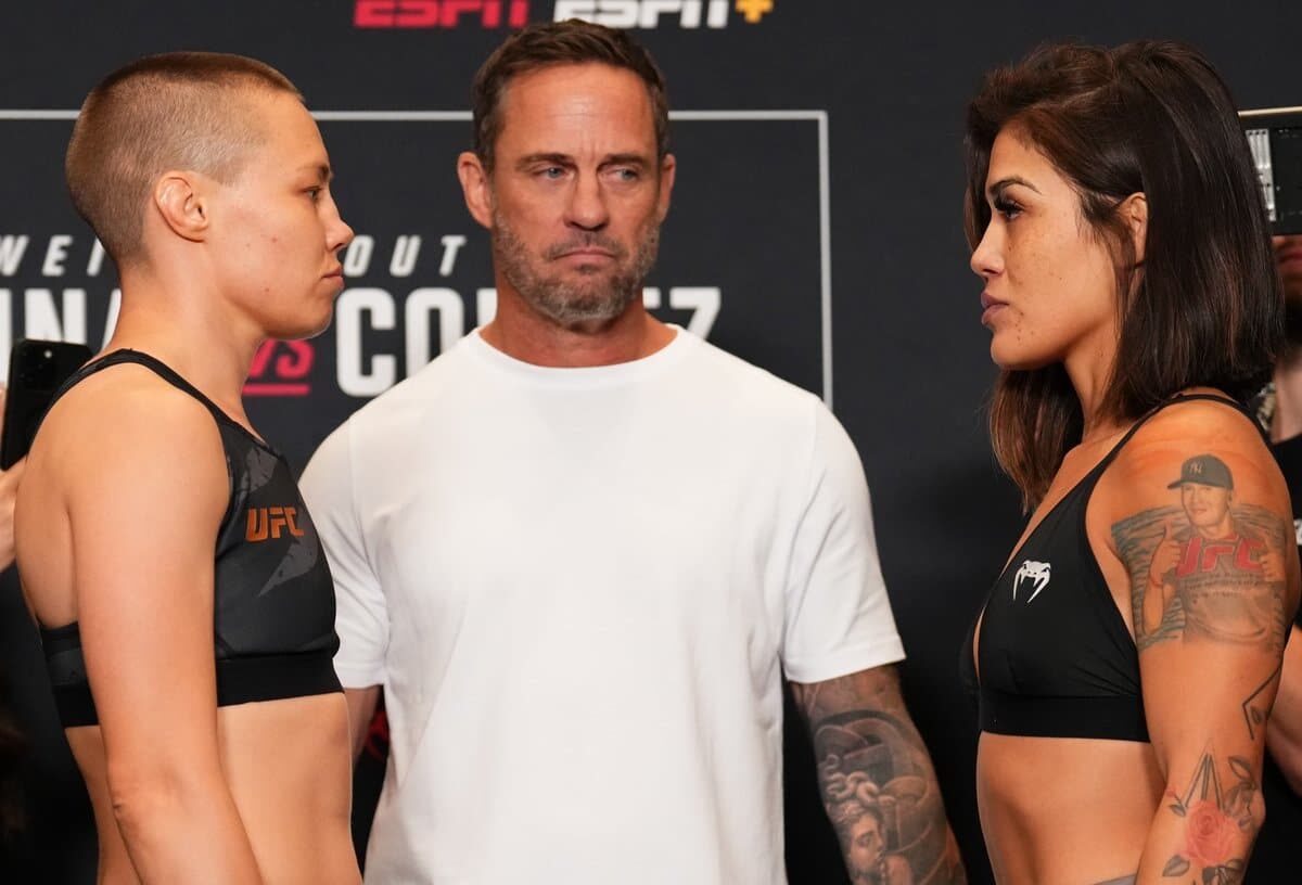 ROSE NAMAJUNAS A LA IZQUIERDA Y TRACY CORTEZ A LA DERECHA, CARA A CARA TRAS EL PESAJE