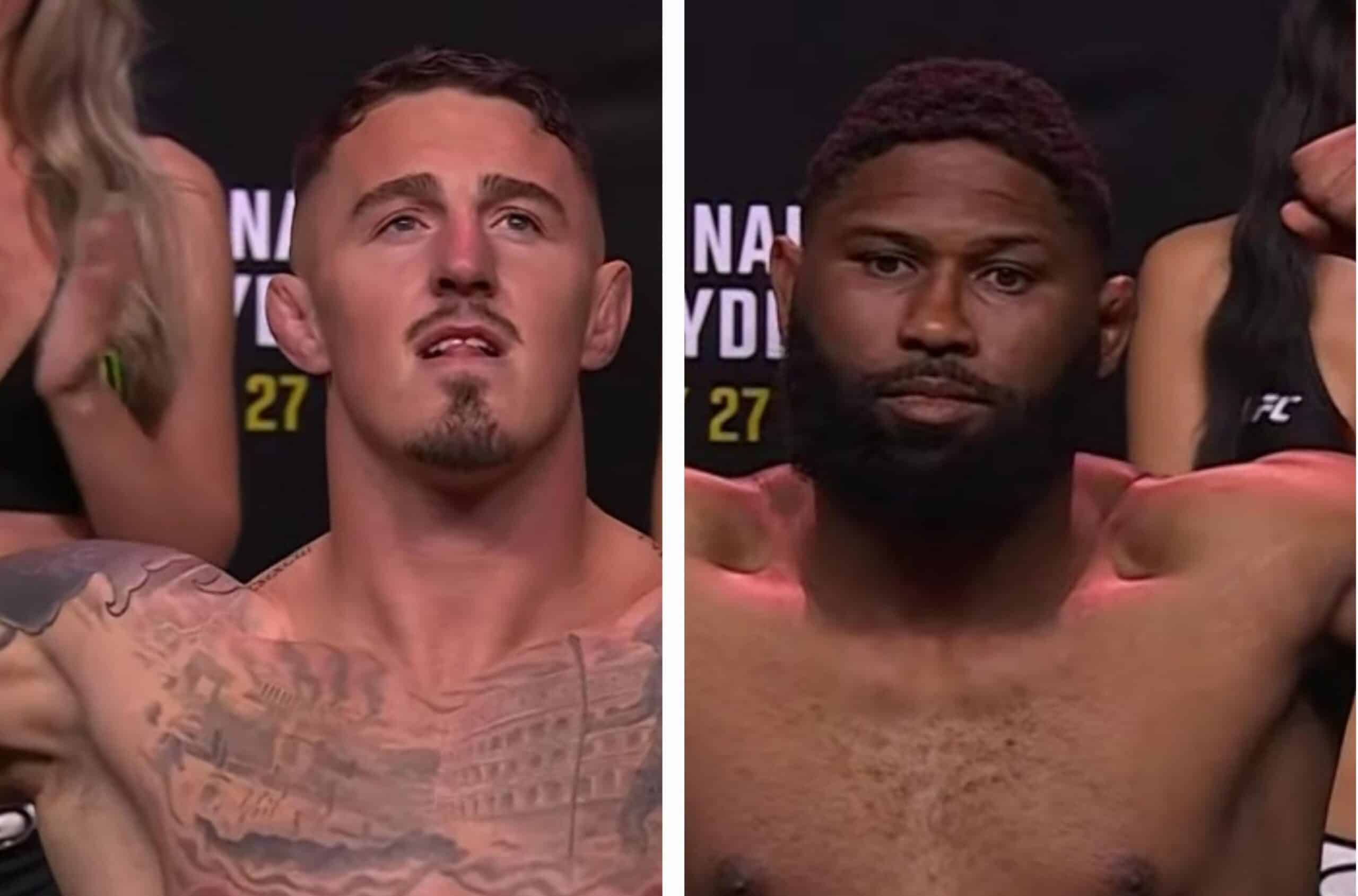 TOM ASPINALL A LA IZQUIERDA, Y CURTIS BLAYDES A LA DERECHA, POSAN PARA LA FOTO TRAS EL PESAJE