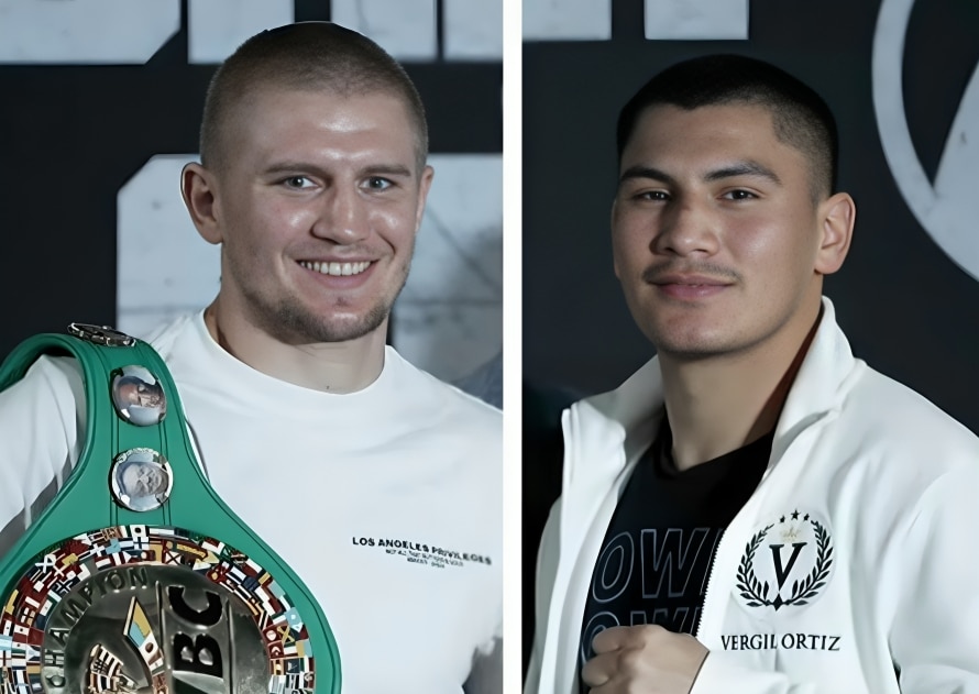 SERHII BOHACHUK A LA IZQUIERDA Y VERGIL ORTIZ JR A LA DERECHA, POSAN PARA LA FOTO TRAS UNA RUEDA DE PRENSA