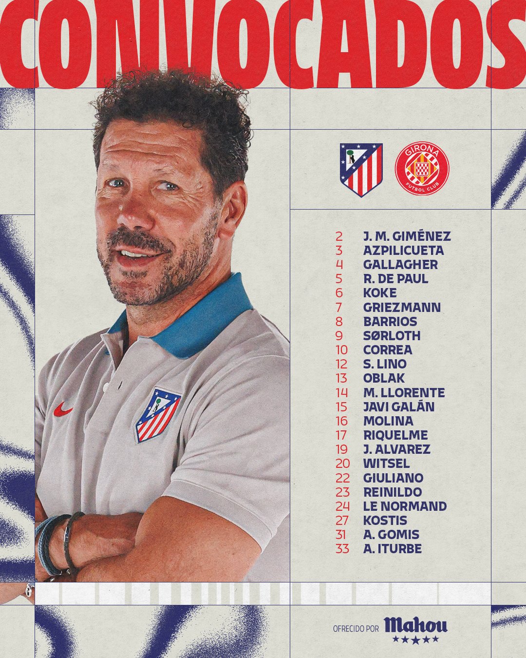 Lista de convocados del Atlético de Madrid para este domingo.