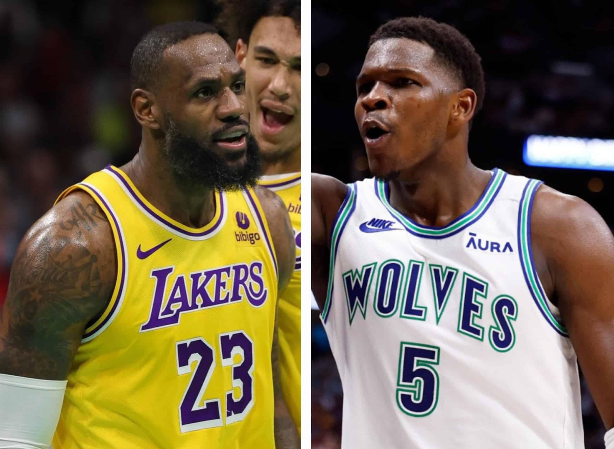 LEBRON JAMES DE LAKERS A LA IZQUIERDA Y ANTHONY EDWARDS DE LOS TIMBERWOLVES A LA DERECHA