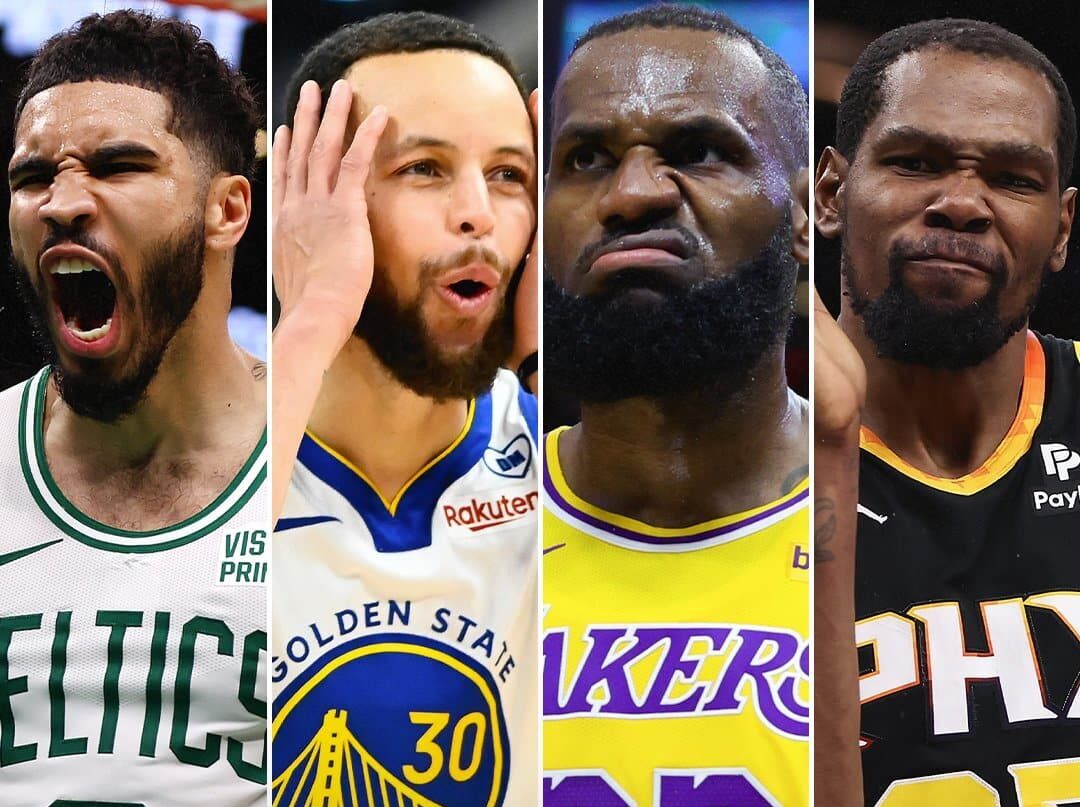 DE IZQUIERDA A DERECHA, JAYSON TATUM DE CELTICS, STEPHEN CURRY DE WARRIORS, LEBRON JAMES DE LAKERS, Y KEVIN DURANT DE LOS SUNS