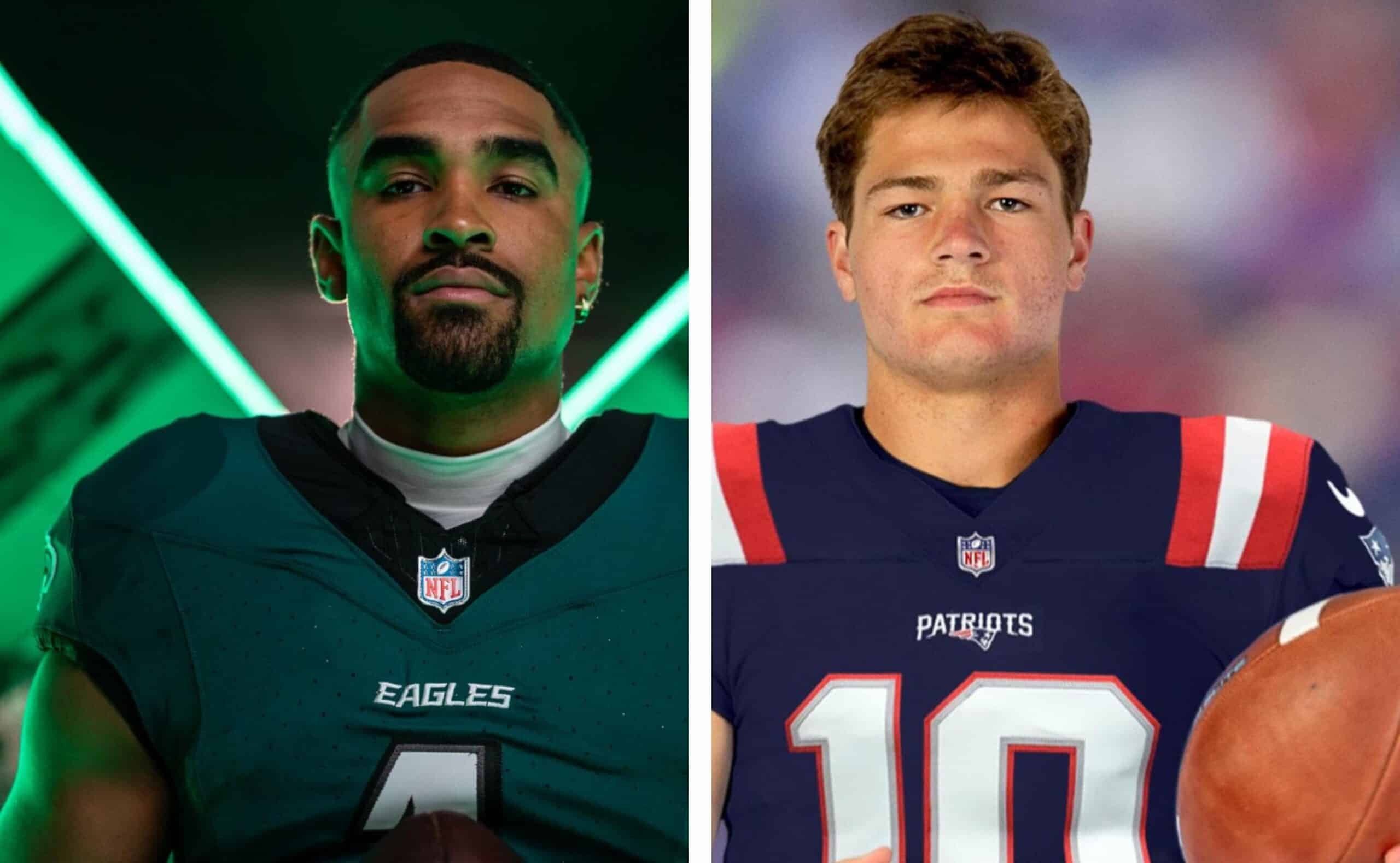 JALEN HURTS DE EAGLES A LA IZQUIERDA Y DRAKE MAYE DE LOS PATRIOTS A LA DERECHA