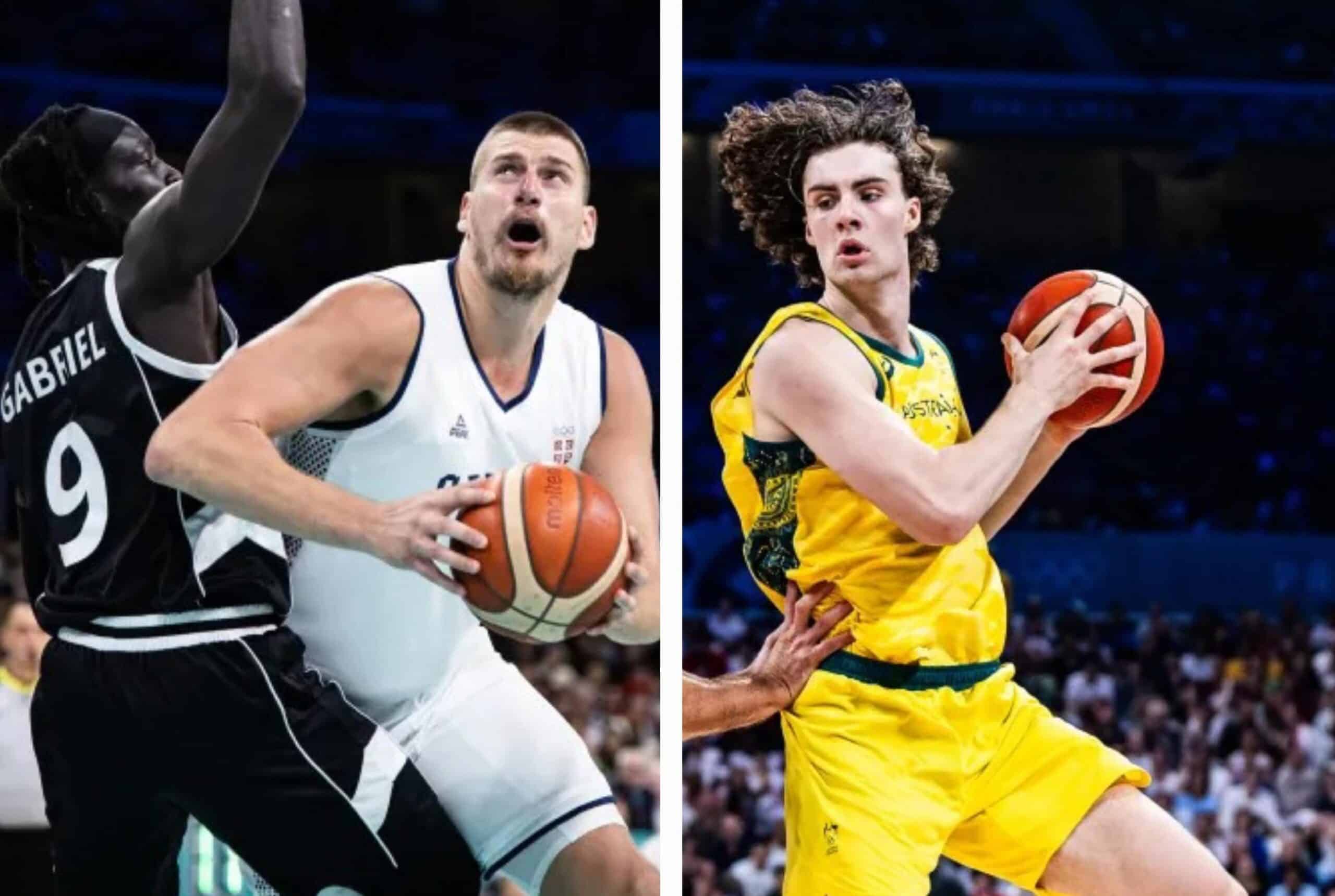 NIKOLA JOKIC DE SERBIA A LA IZQUIERDA Y A LA DERECHA DE AUSTRALIA JOSH GIDDEY