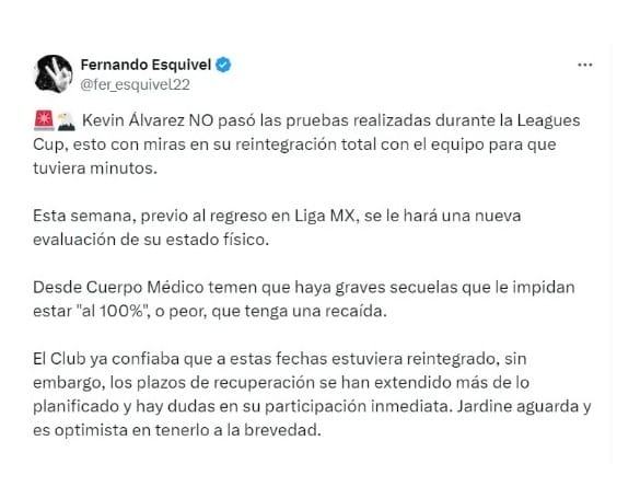 Periodista deportivo anuncia el caso de Kevin Álvarez en redes.