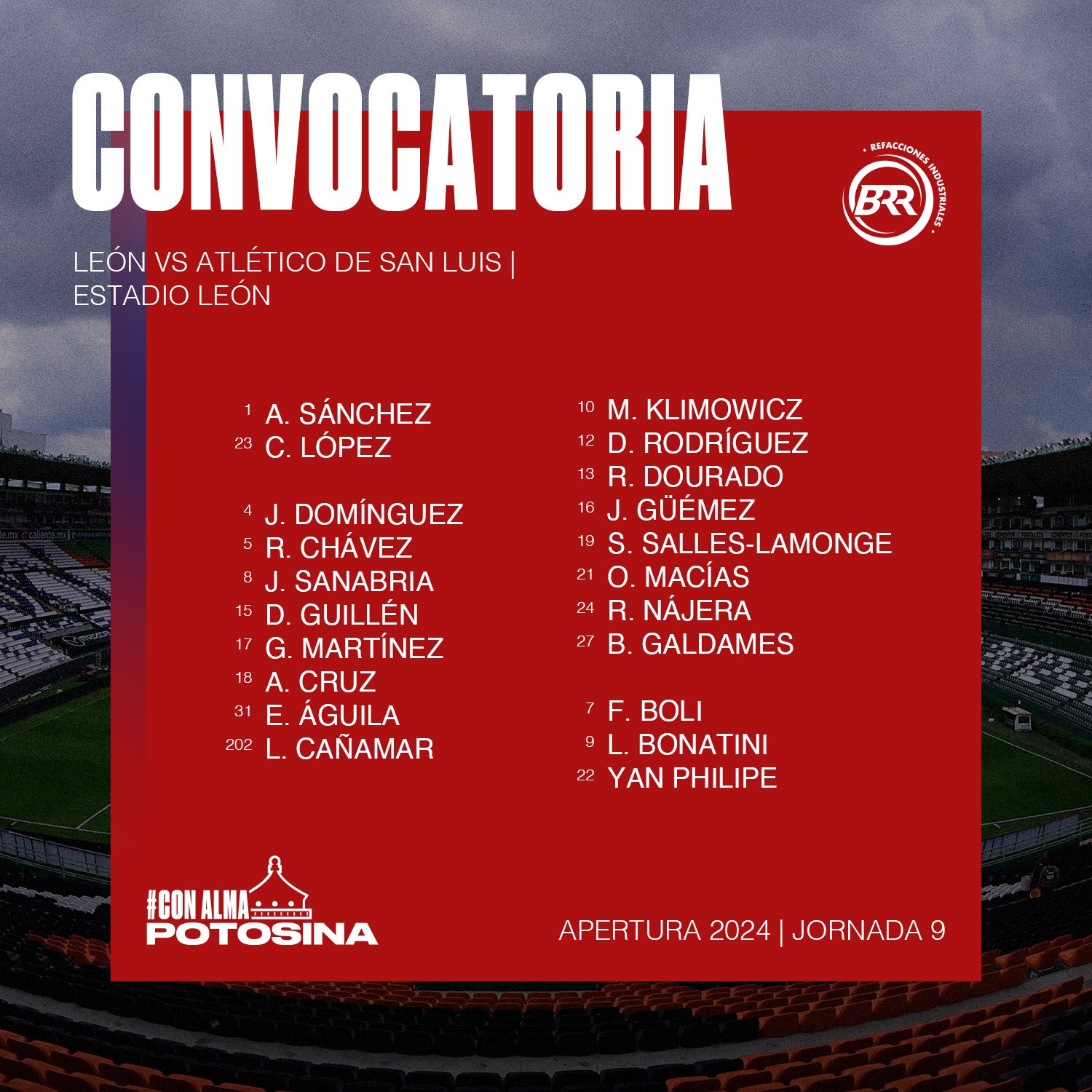 Convocatoria del Atlético San Luis para la fecha 9 del AP2024.