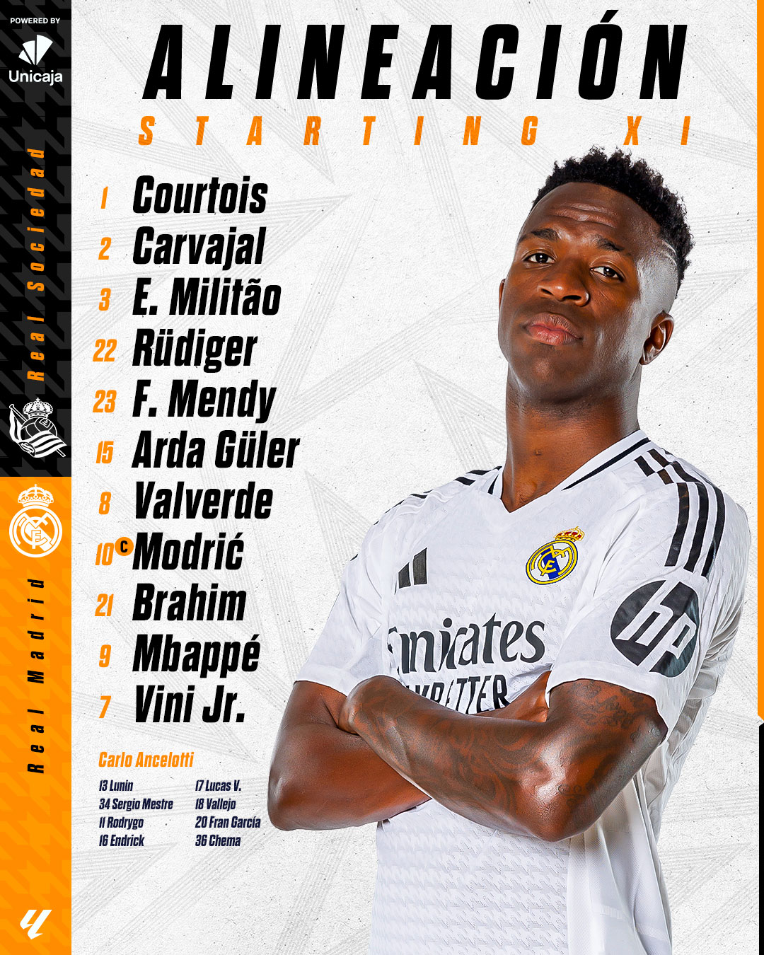 Vinicius encabeza la alineación del Real Madrid de este sábado.