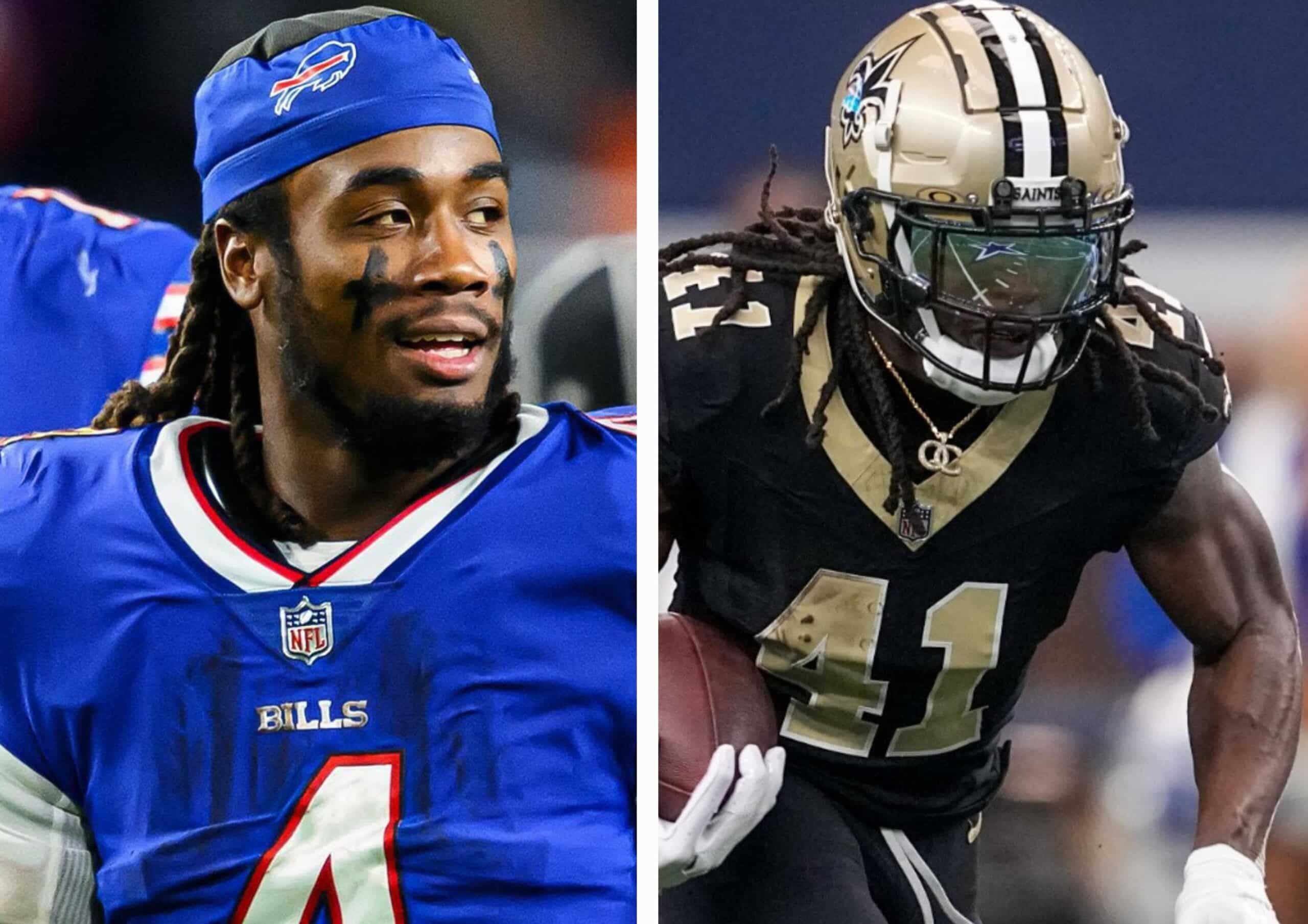 JAMES COOK A LA IZQUIERDA DE LOS BILLS Y ALVIN KAMARA A LA DERECHA DE LOS SAINTS