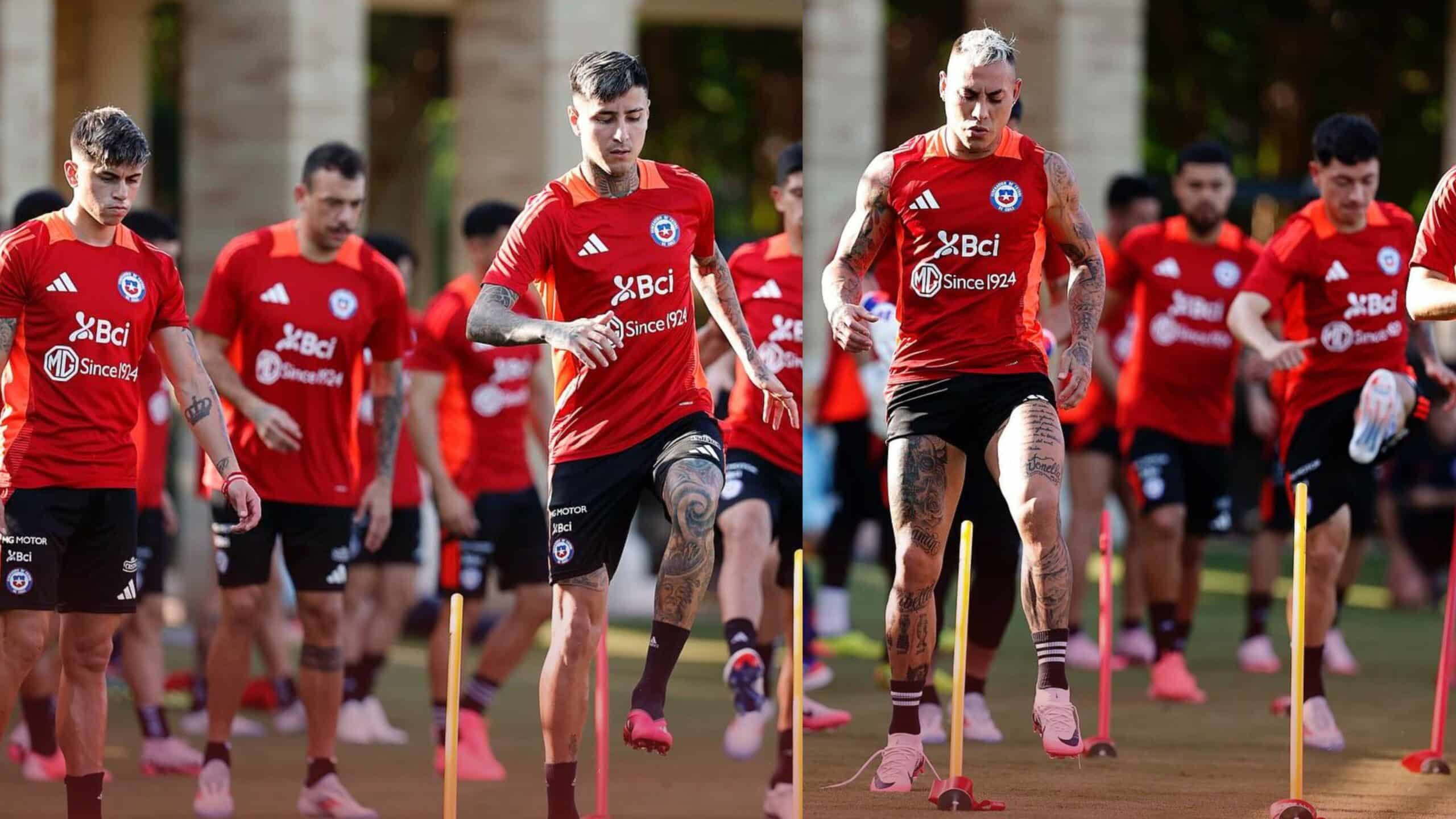 Jugadores de Chile en entrenamiento previo al juego de la jornada 8.