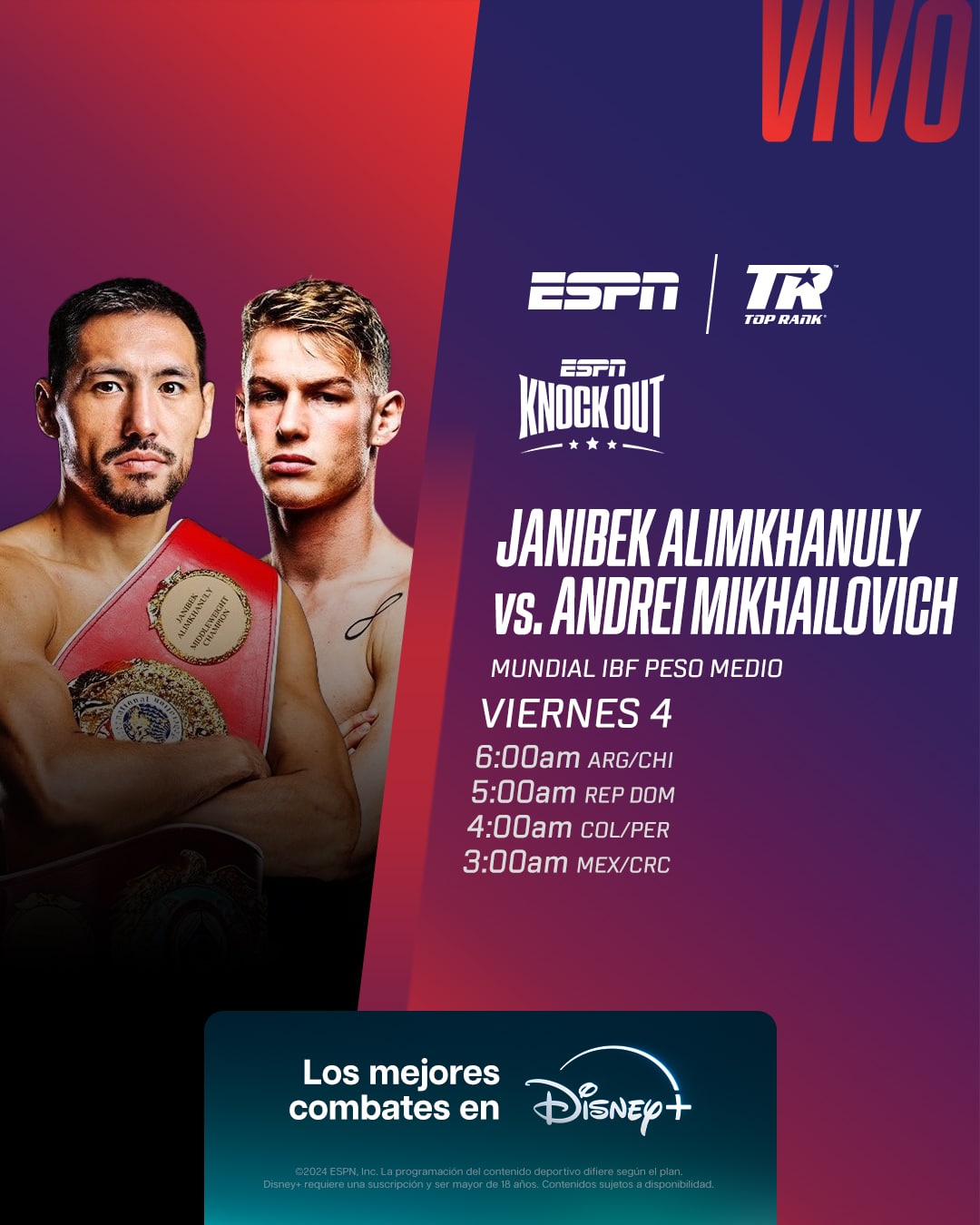 Este viernes Janibek Alimkhanuly vs. Andrei Mikhailovich.