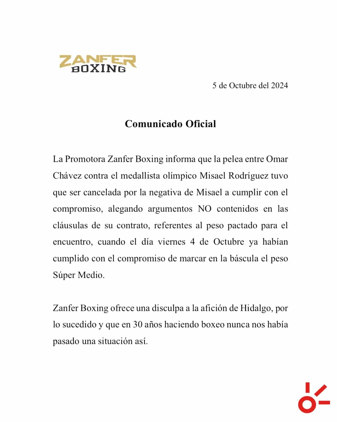 La promotora de Zanfer dio su posicionamiento de la cancelación de la pelea.