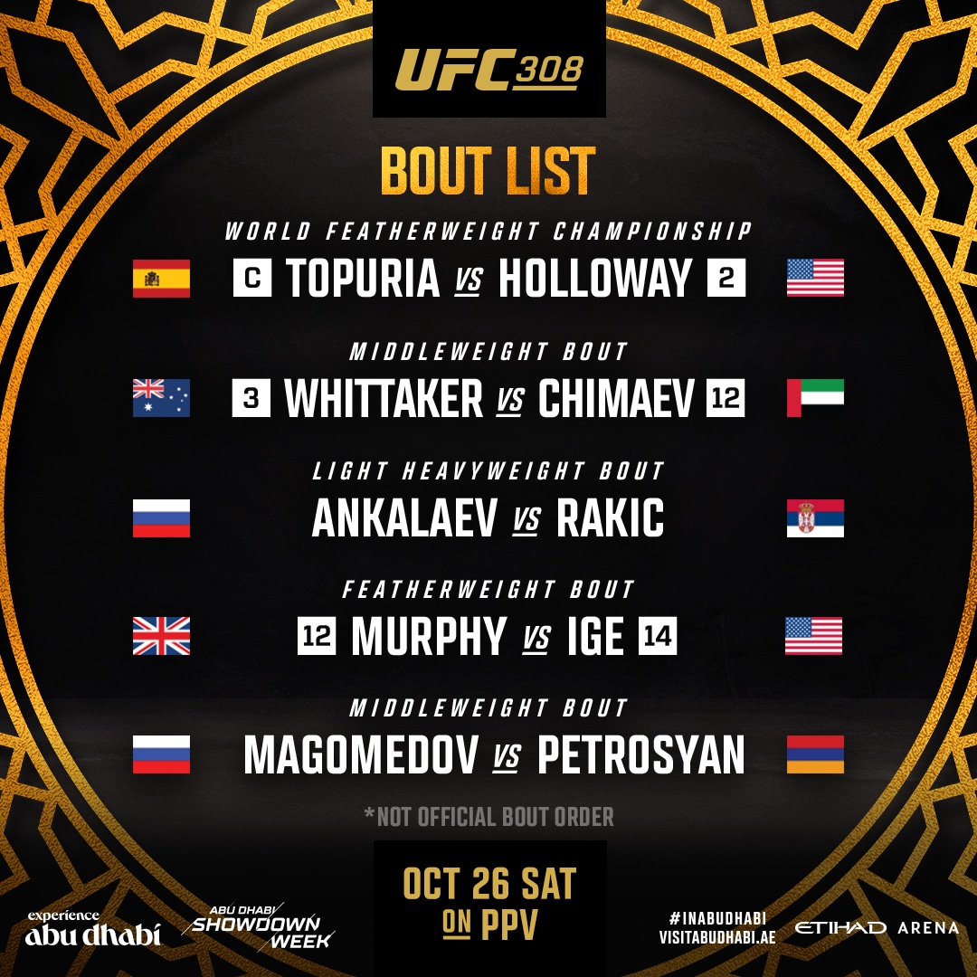 Lista la cartelera de este sábado en el UFC 308 en Abu Dhabi.