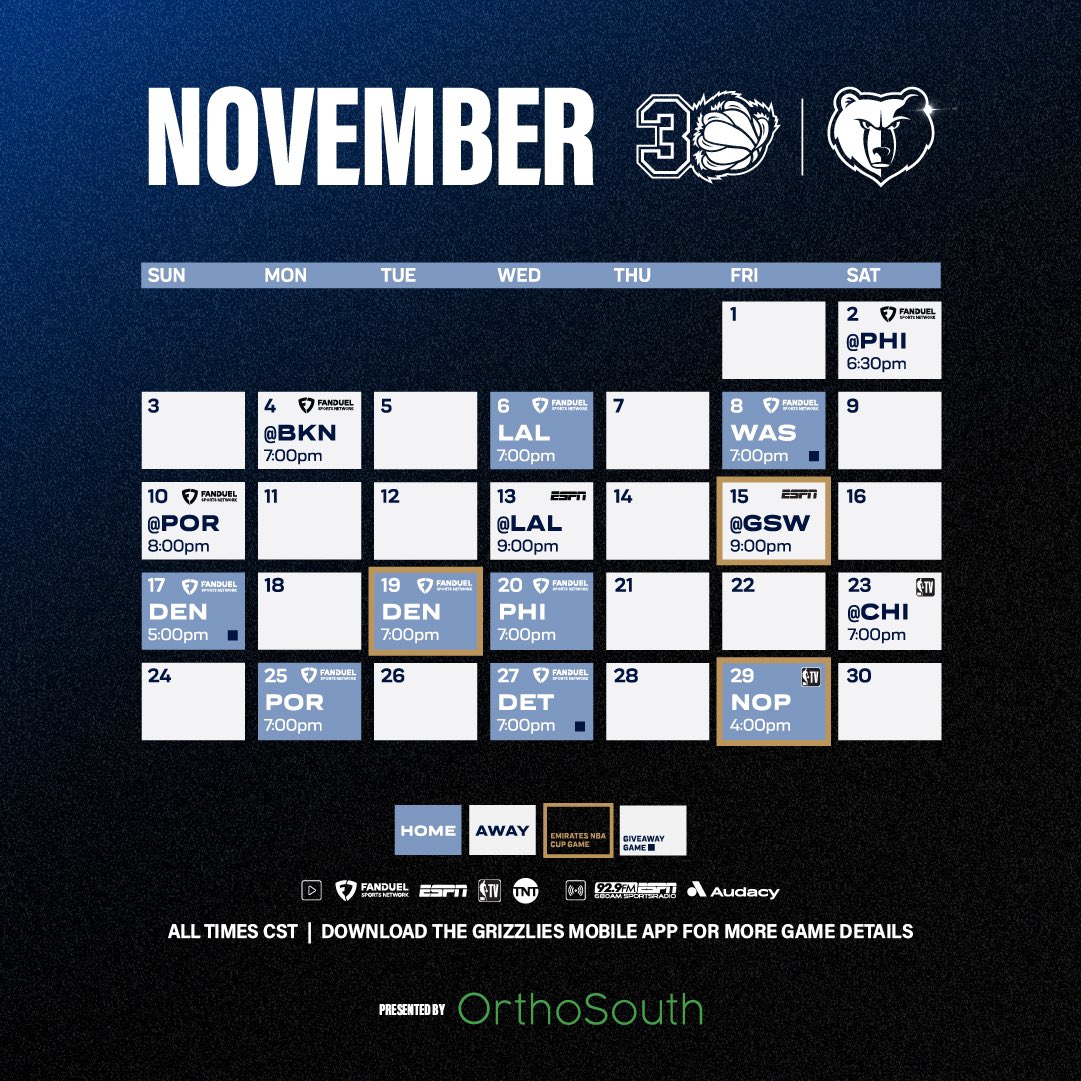 Este es el calendario de noviembre de los Memphis Grizzlies.